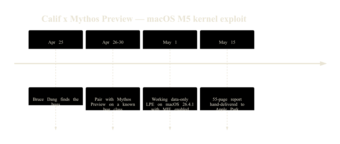 Timeline of the Calif and Mythos Preview macOS kernel exploit, from bug discovery on April 25 to a working exploit by May 1 and report delivery on May 15.