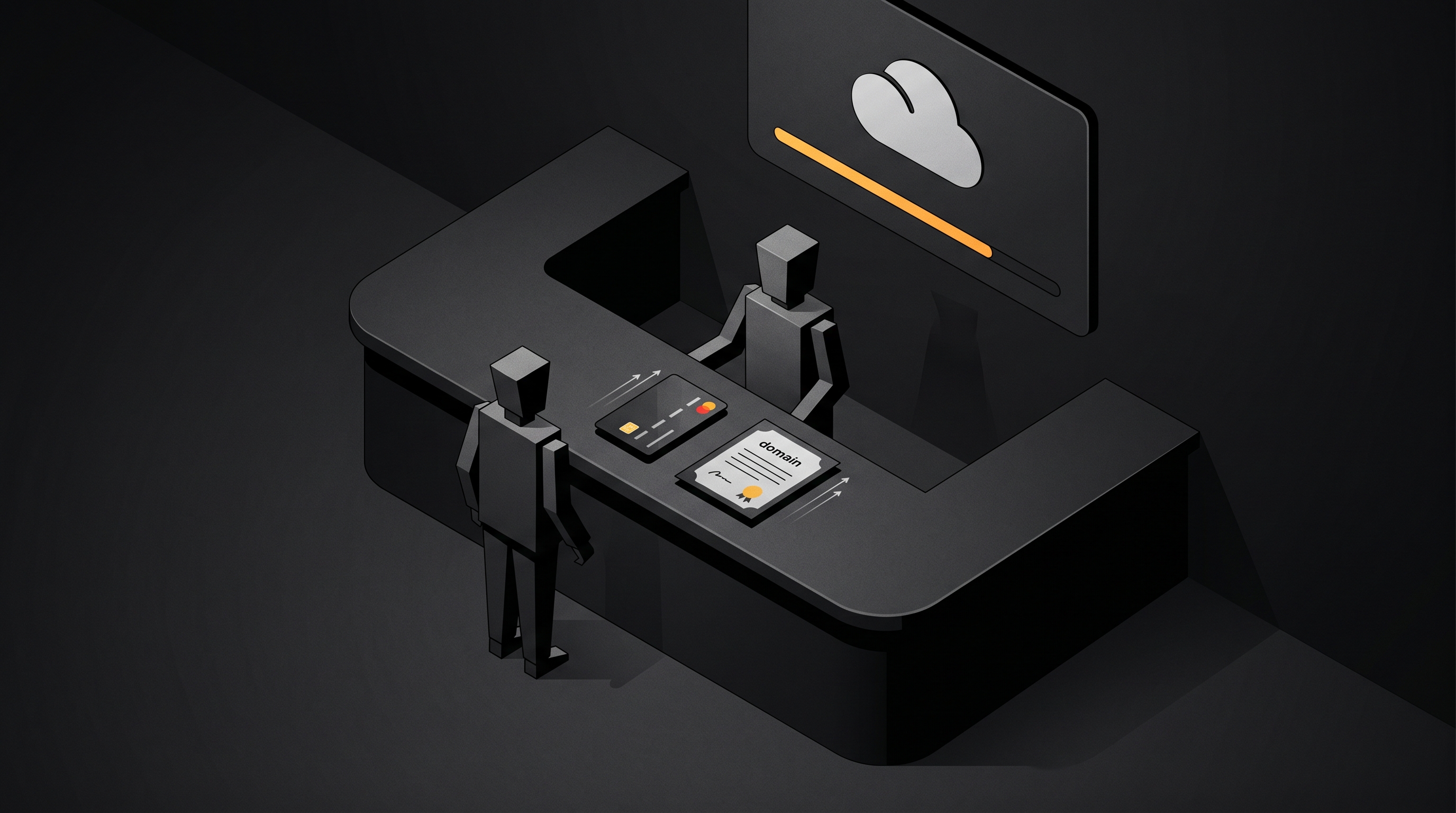A small geometric agent figure at a service counter receives a tokenized card and a domain certificate under a signal-yellow accent.