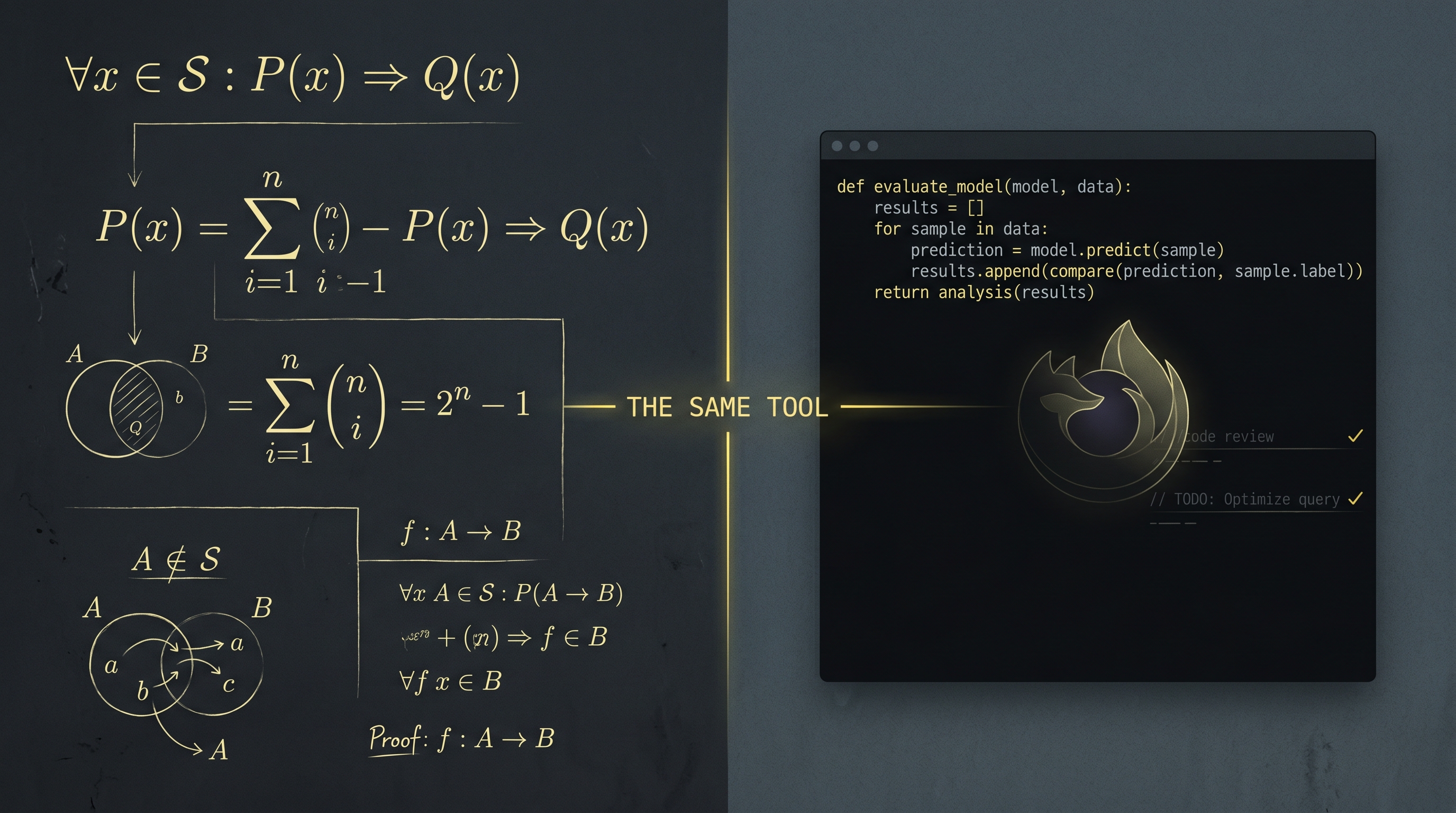 Split editorial composition: chalkboard mathematics on the left, code-review terminal on the right, joined by a single yellow line.
