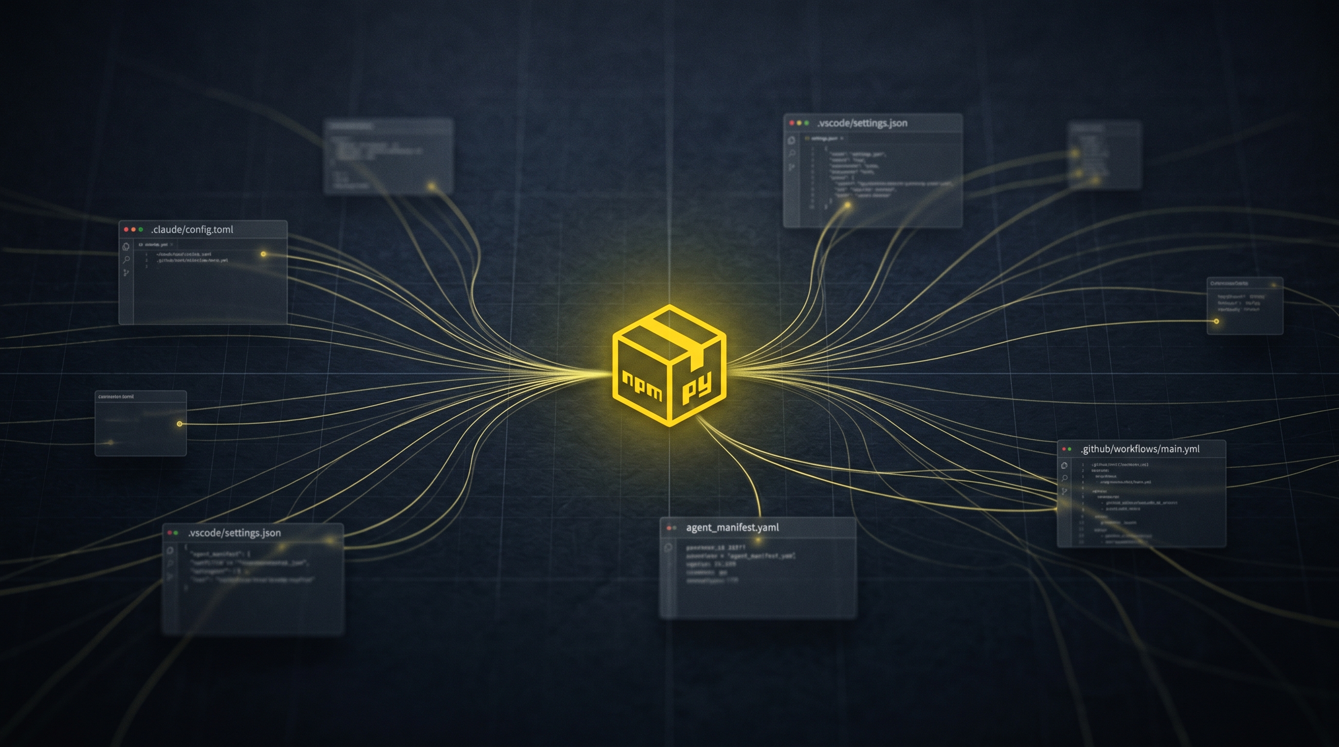 Dark editorial hero: a yellow package node fanning glowing threads into ghosted IDE windows.