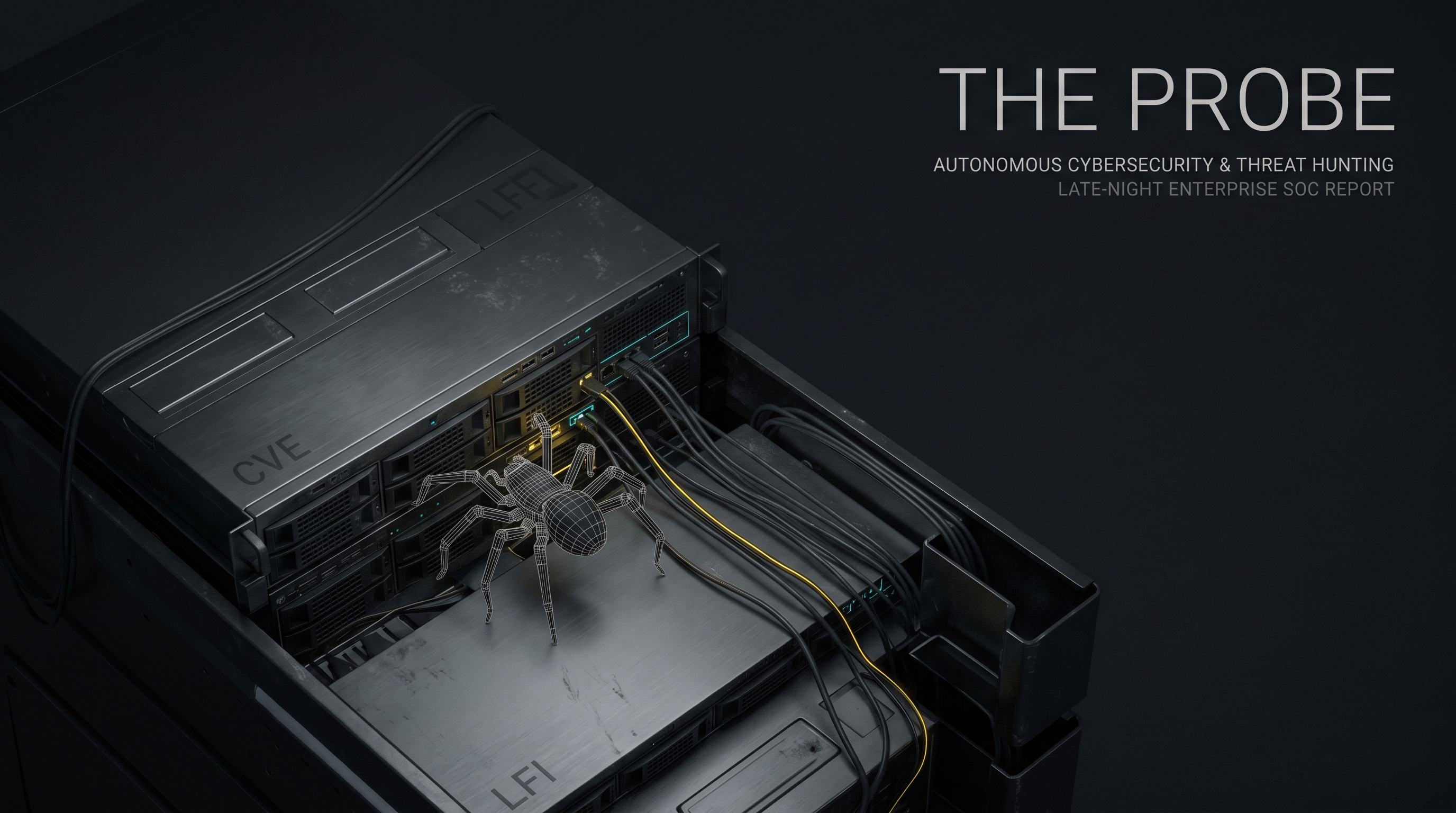 A wireframe crawler-bot probing a stack of dark server racks under a thin yellow signal line