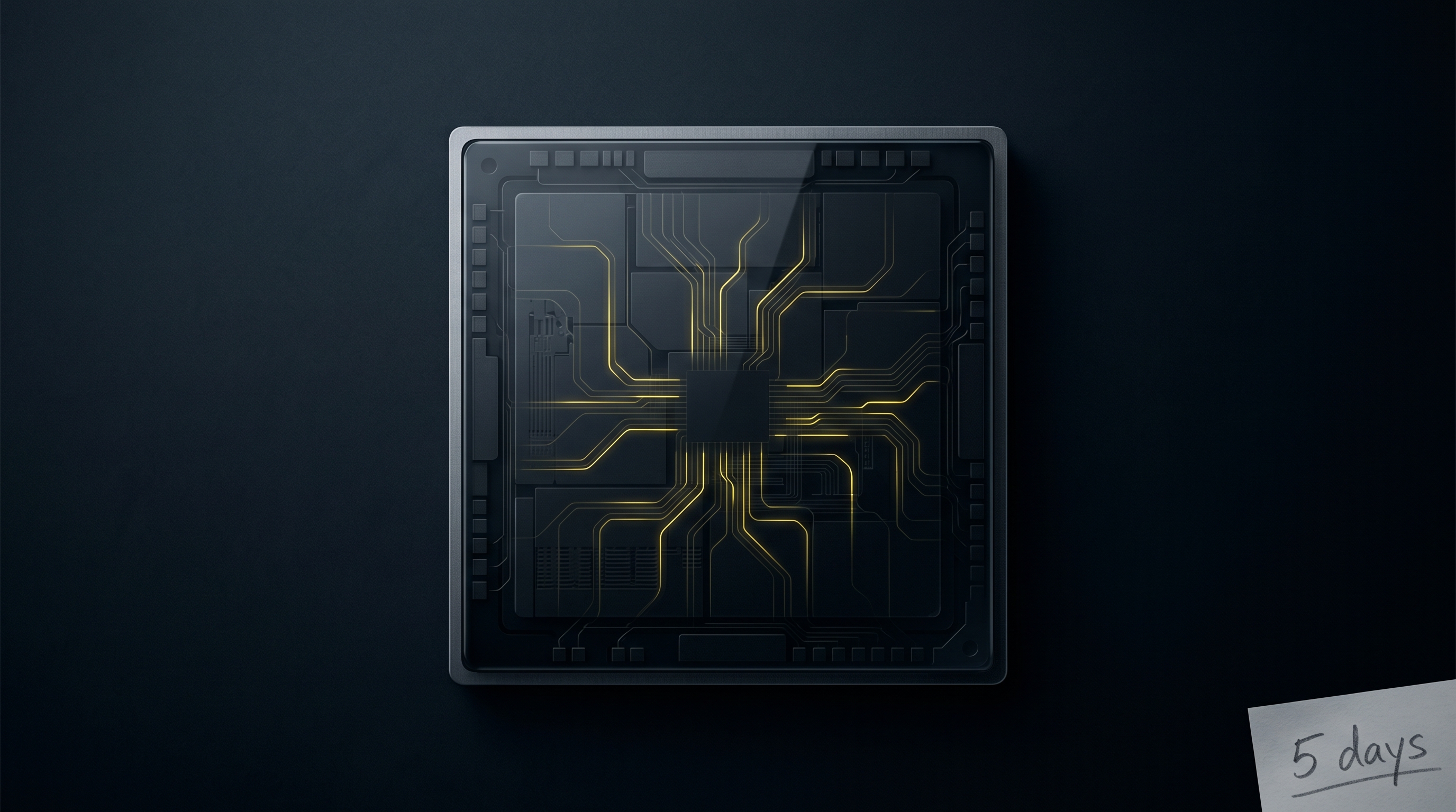 A dark editorial composition of an Apple-style silicon die with faint kernel traces glowing yellow beneath the surface, marked 5 days in pencil.