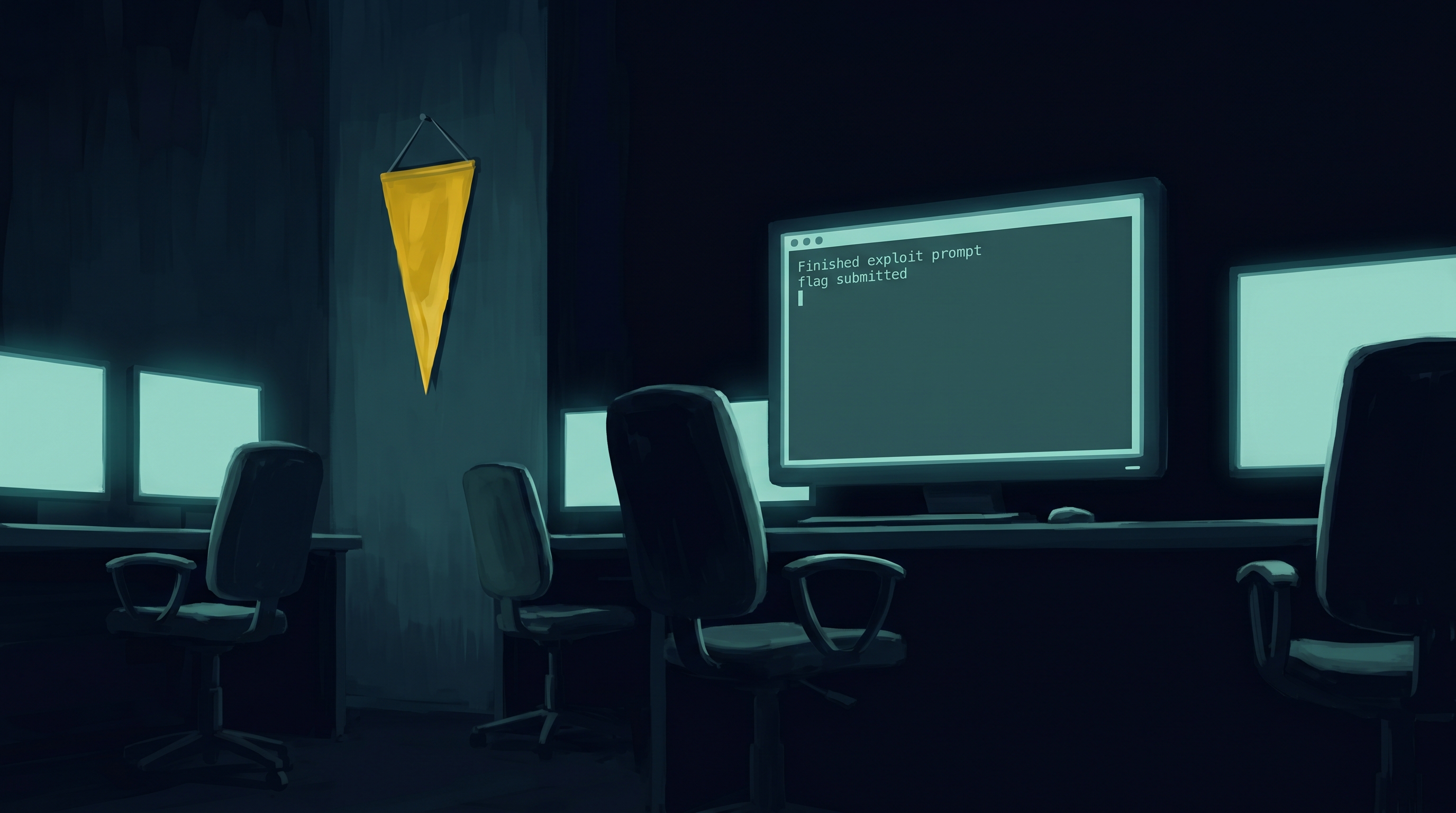 An empty after-hours CTF room with monitors glowing and a single yellow capture-the-flag pennant; a terminal in the foreground shows an agent submitting a flag.