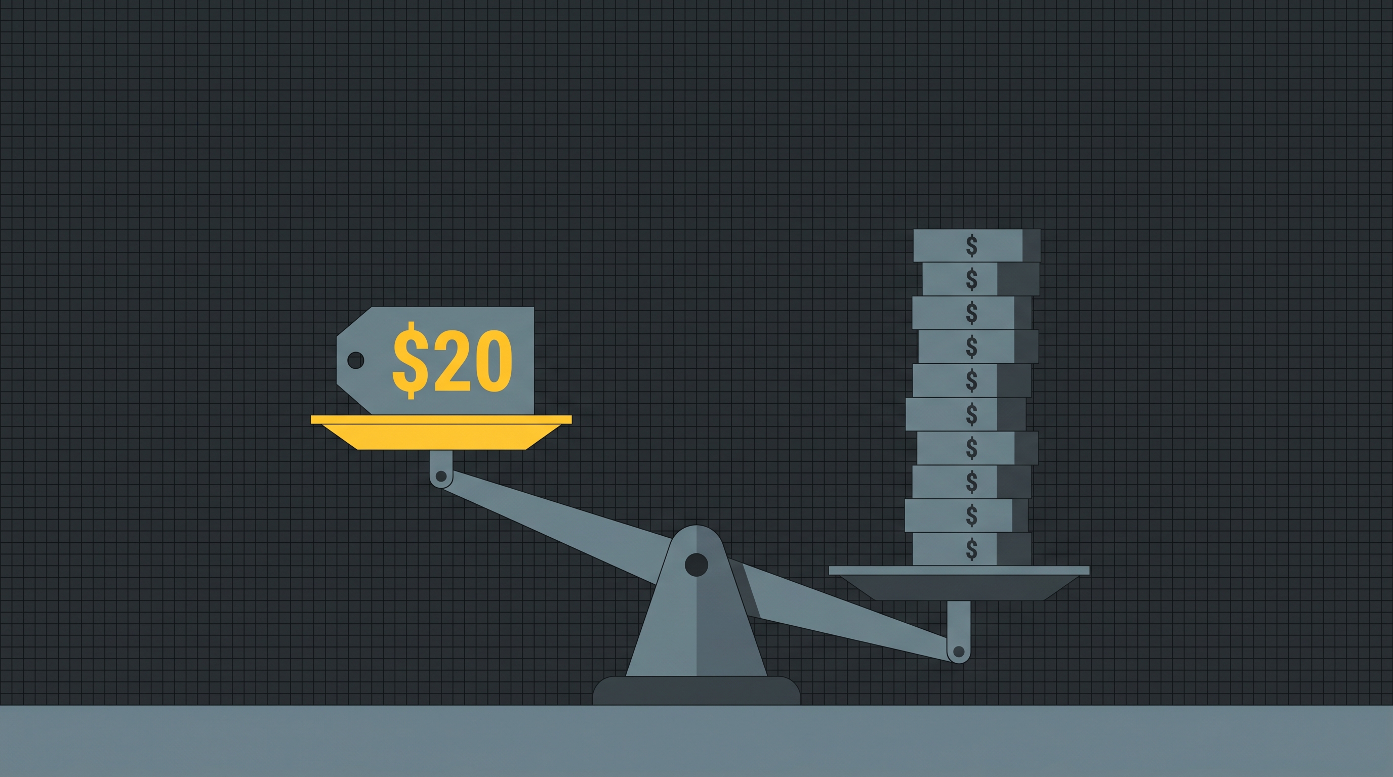 A small signal-yellow $20 price tag on the high side of an imbalanced scale, weighed down by a tall stack of unlabeled dollar weights on the other side.