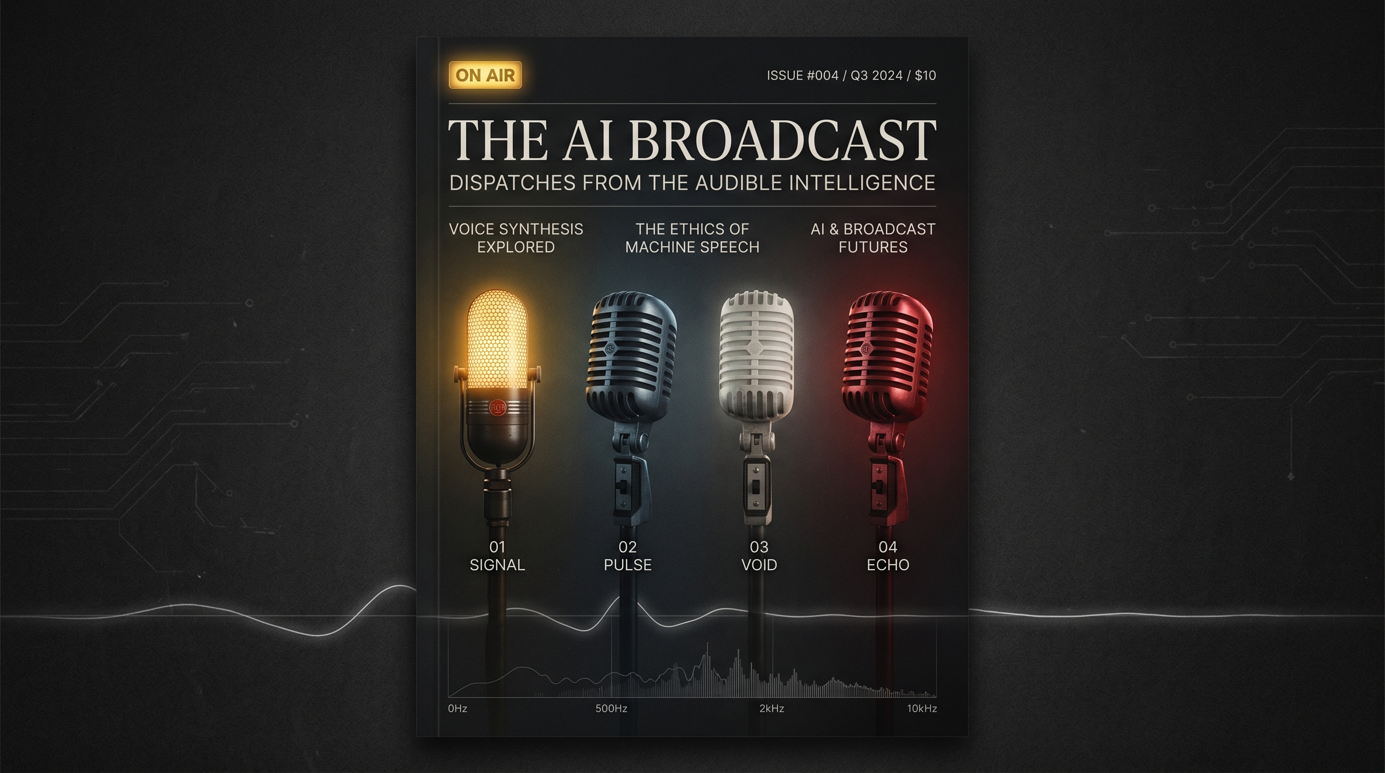Four broadcast microphones lit in different colors against a dark editorial background, evoking four AI DJs running radio stations