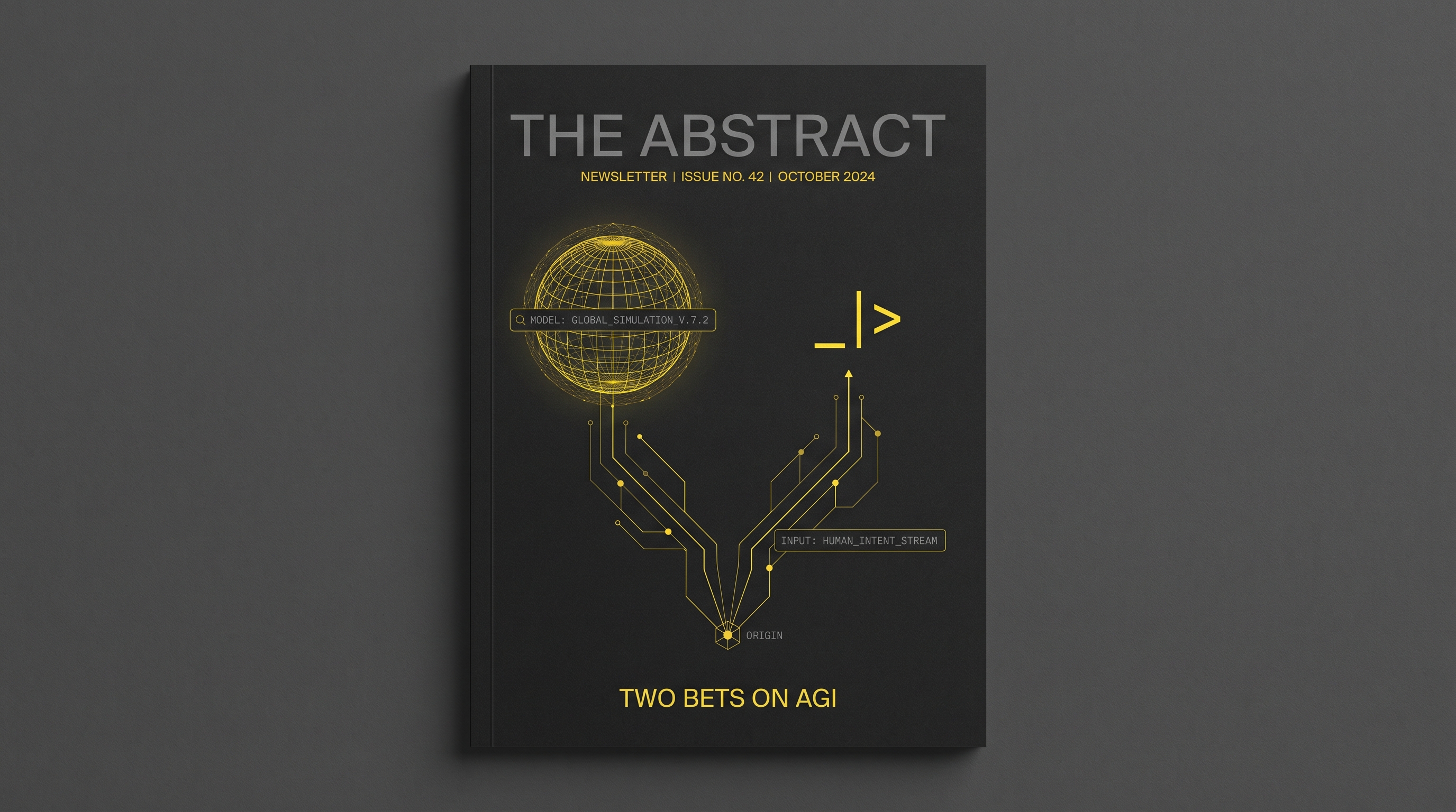 Editorial cover: a single origin splitting into two paths, one a wireframe world-model globe, the other a chat text cursor, under the title Two Bets on AGI.