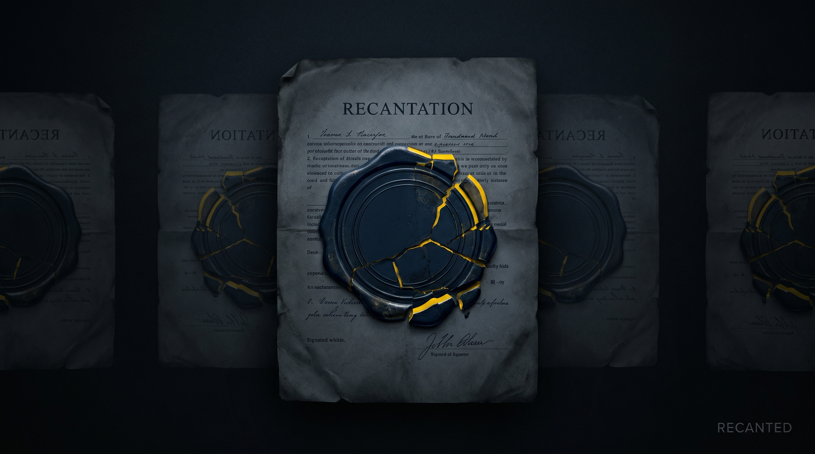 A recantation parchment under a cracked corporate seal, with mirrored copies receding into darkness