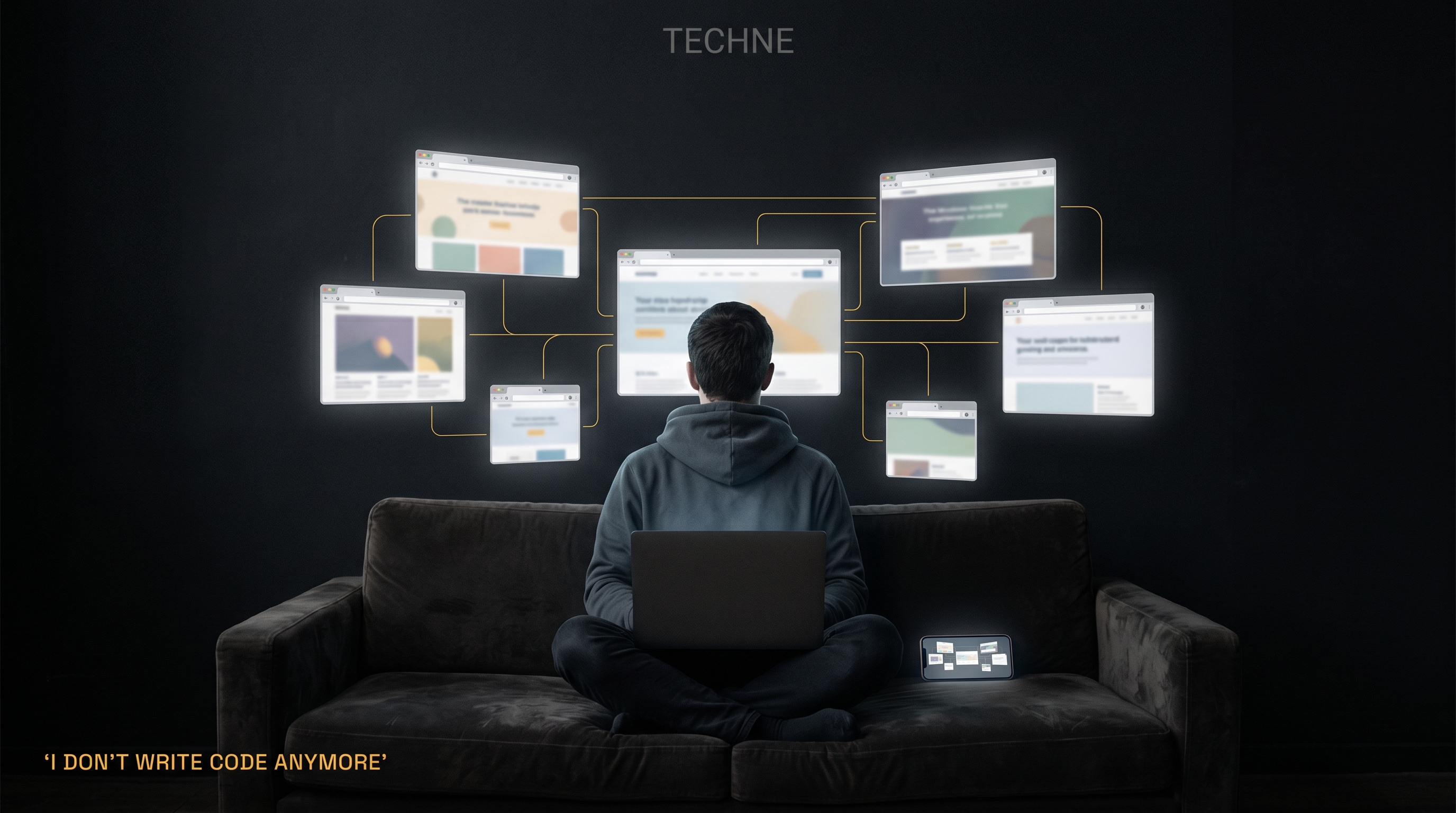 A lone maker on a couch with a laptop, surrounded by floating glowing browser tabs linked by thin yellow lines, captioned "I don't write code anymore."