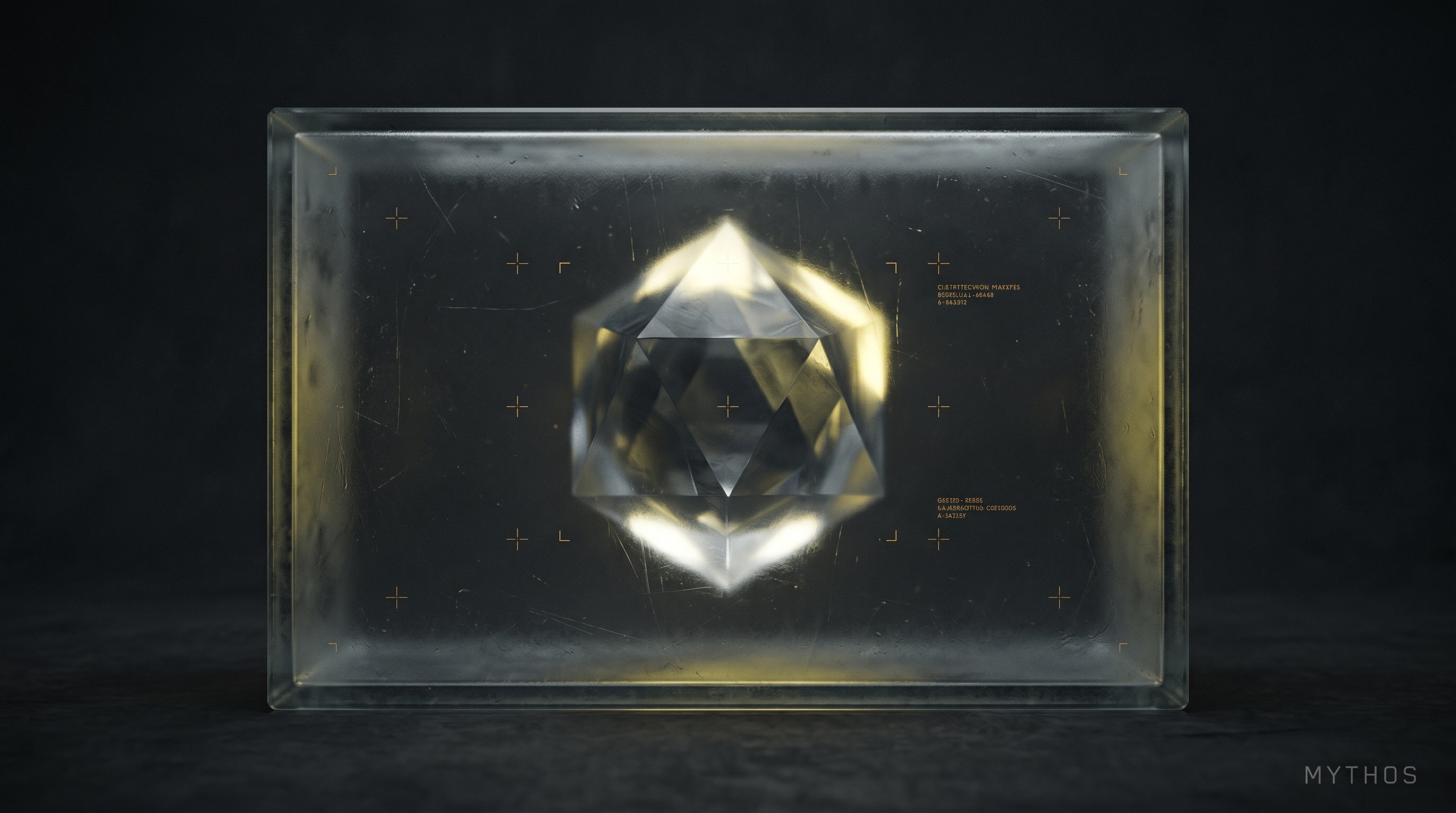 A luminous AI core sealed behind frosted security glass, with faint signal-yellow light and small amber vulnerability markers, on a dark editorial background.