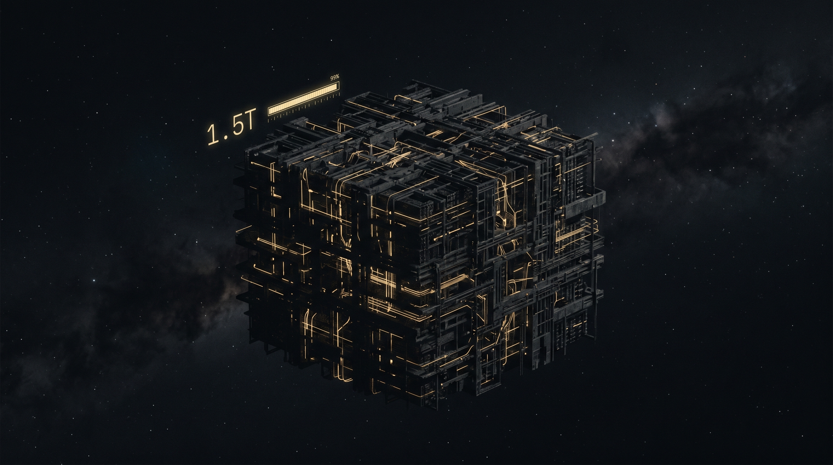 Dark editorial cover showing a monolithic compute lattice lit by signal-yellow filaments, labeled 1.5T, evoking a frontier model finishing training.