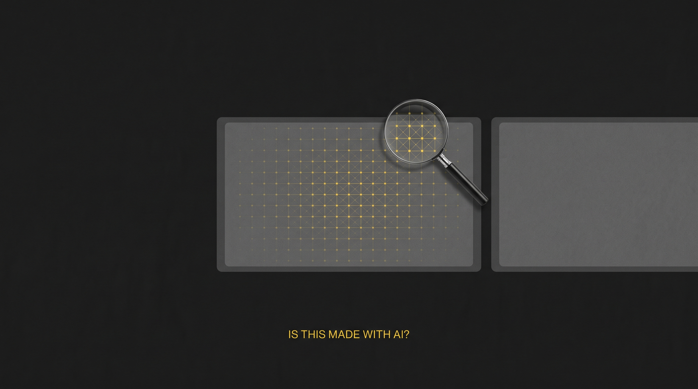 A video frame with a faint signal-yellow watermark lattice surfacing under a magnifier, beside a second blank frame with the lattice scrubbed away.