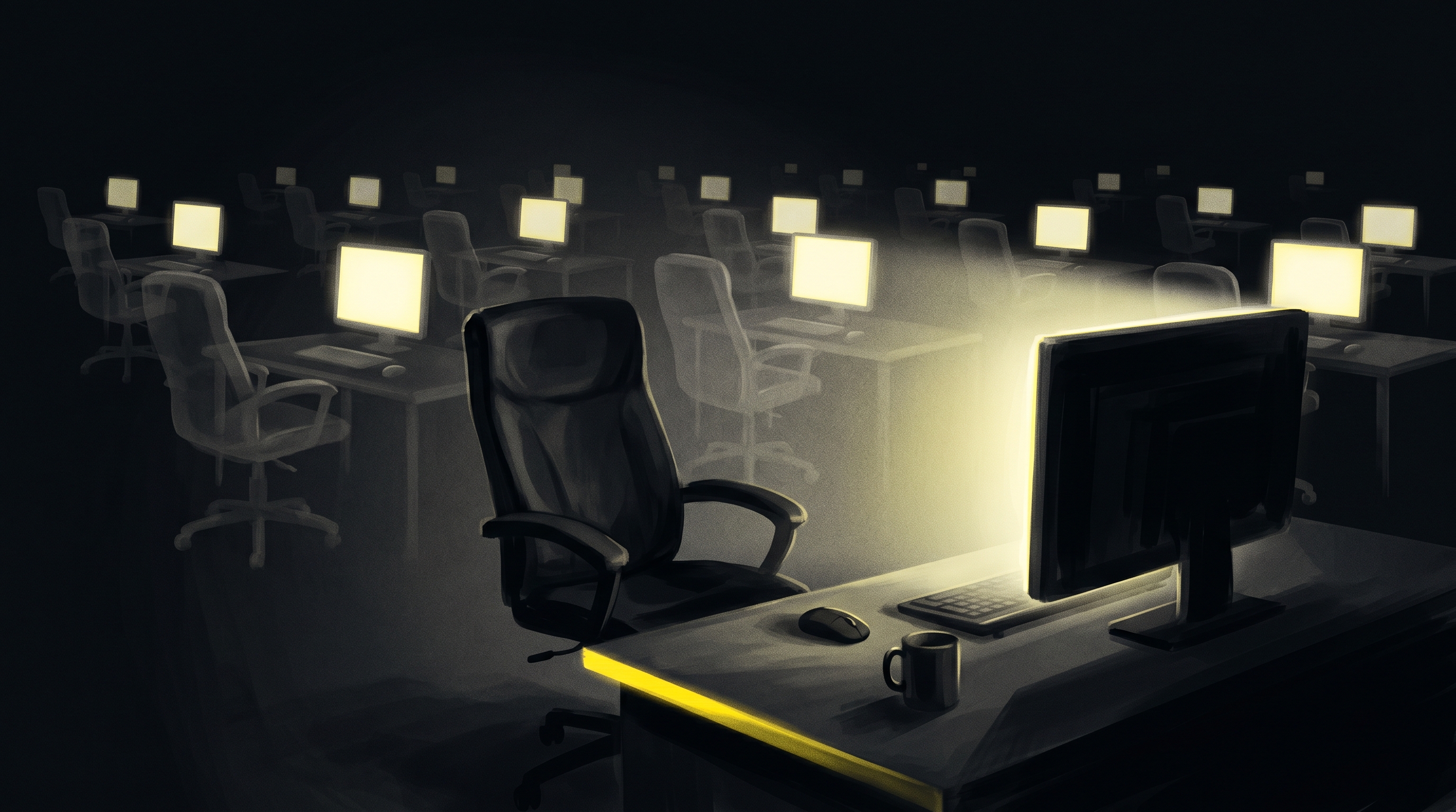 An empty chair at one glowing terminal, with rows of faint duplicate workstations receding into darkness behind it.