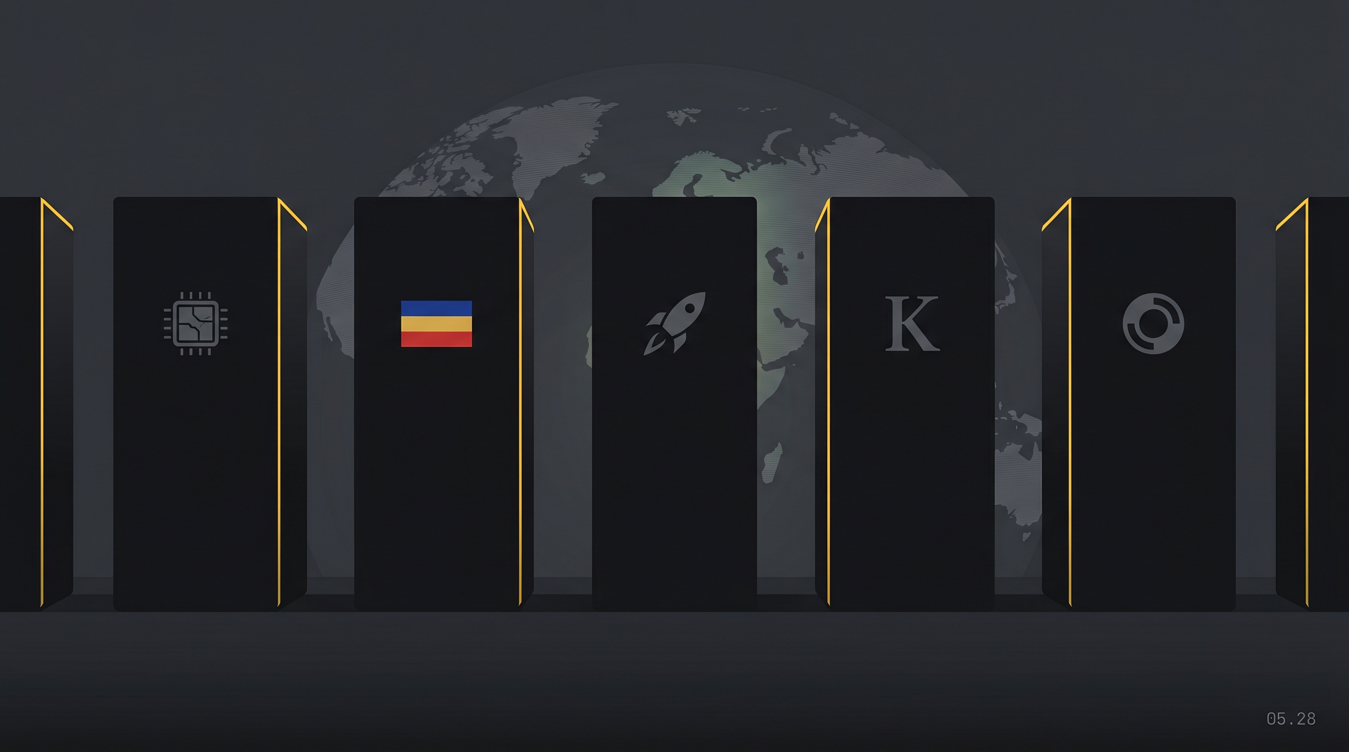 Row of dark monolithic server racks each marked with a different corporate emblem, signal-yellow rim light, faint world map overlay — evoking parallel sovereign AI stacks.