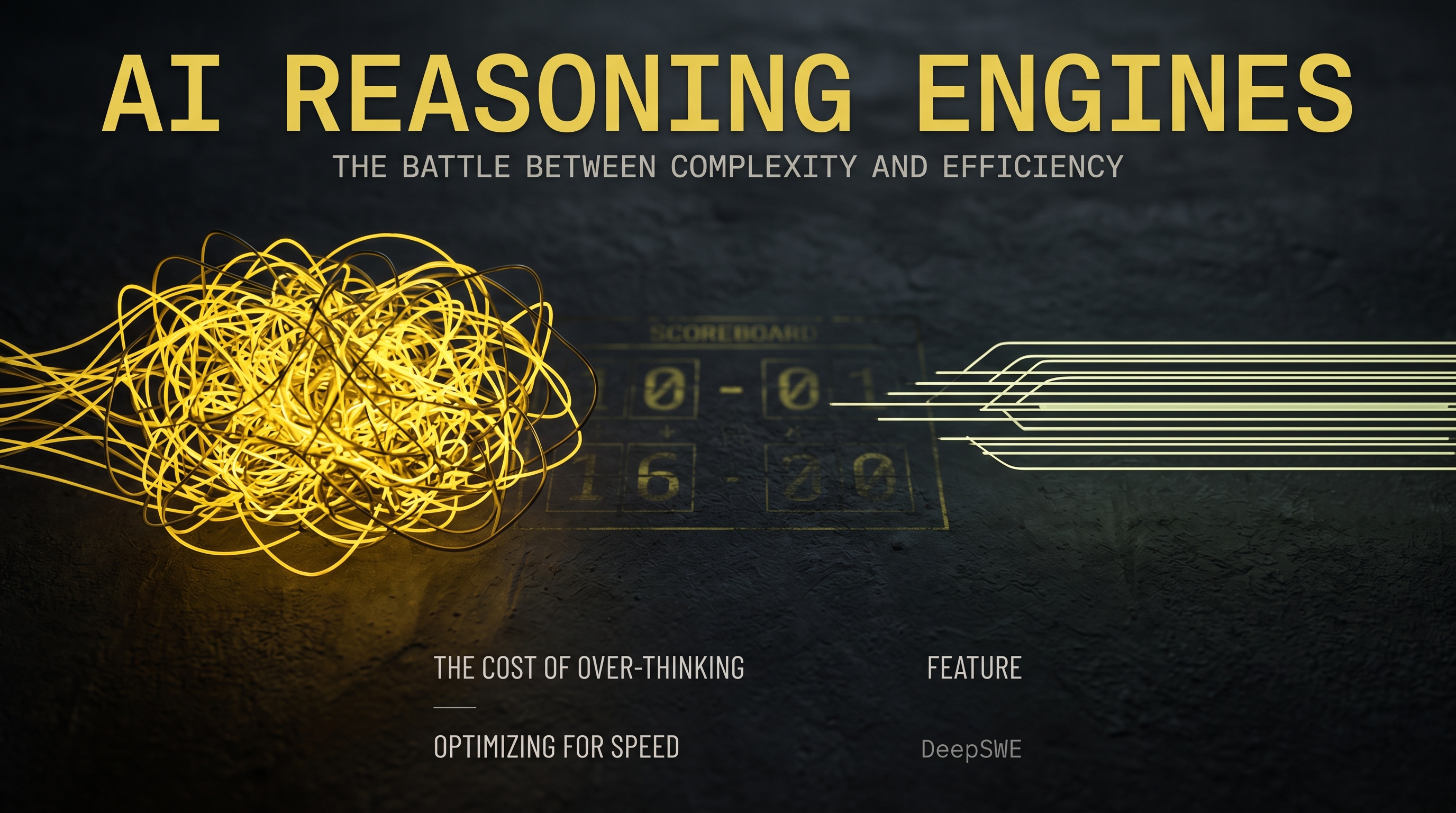 Two abstract reasoning engines facing off on a dark surface — a dense yellow tangle versus lean fast traces — under a faint scoreboard labeled DeepSWE.