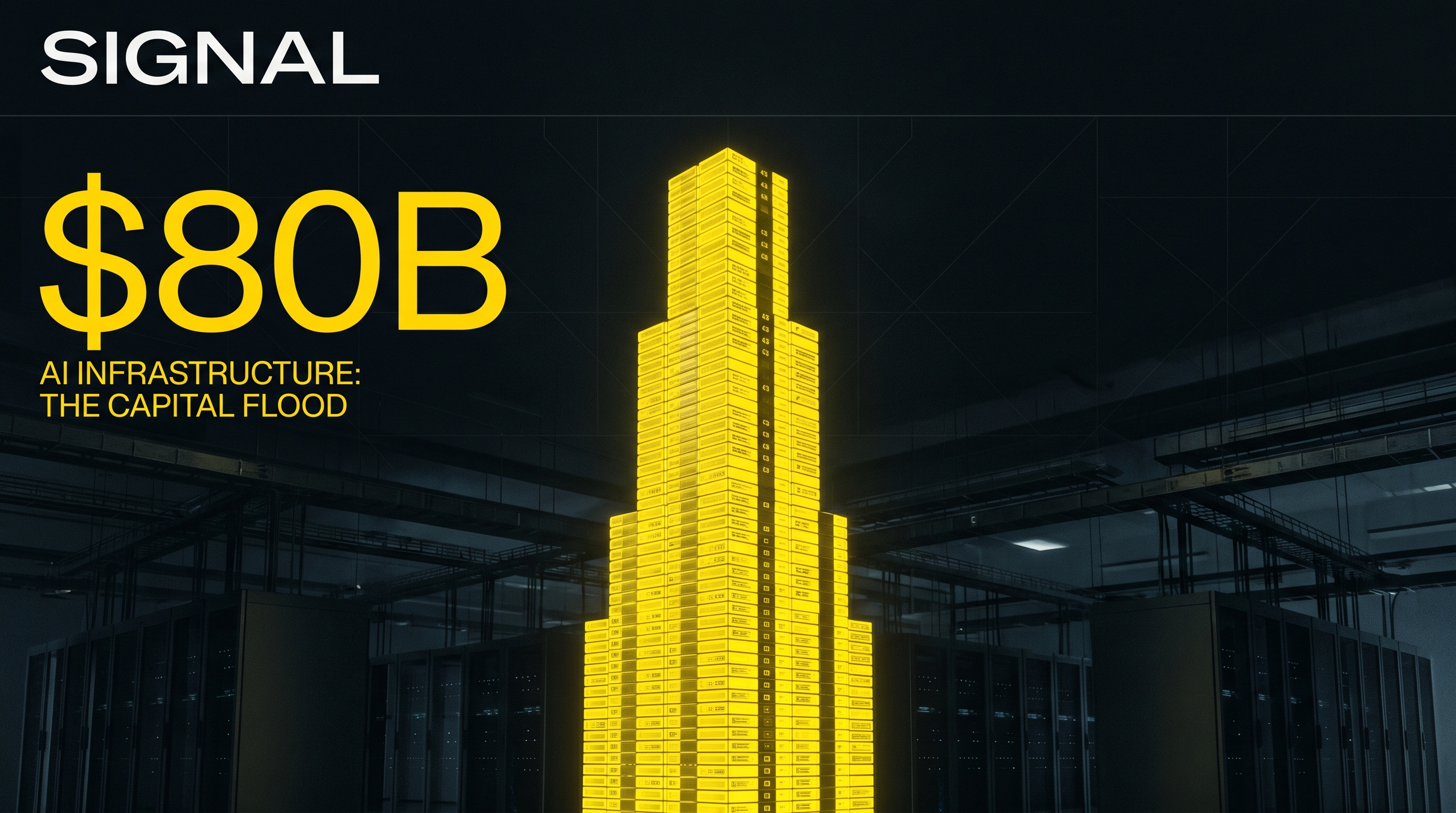 Dark editorial cover: a towering column of signal-yellow capital blocks rising over faint data-center silhouettes, with the number 80B set in the upper third.