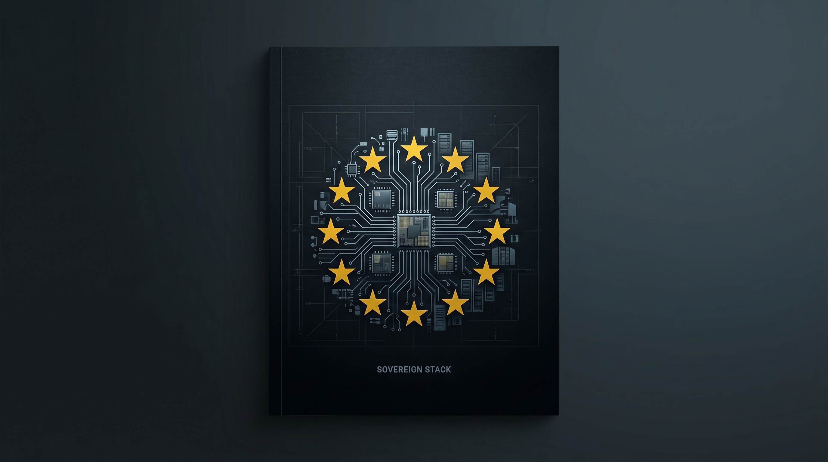 Dark editorial cover: a ring of EU stars rendered as circuit traces dissolving into server racks, captioned SOVEREIGN STACK