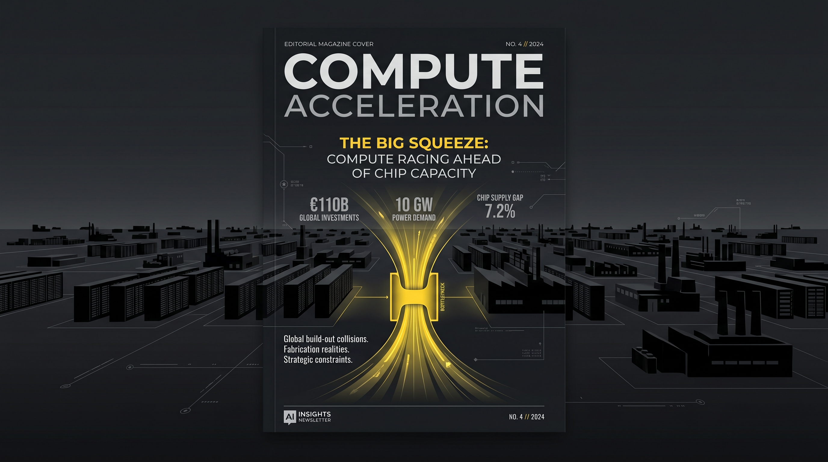 Dark editorial cover: data centers and fabs receding to a horizon, all funneling through a single glowing signal-yellow bottleneck gate, with faint readouts reading 110 billion euros and 10 gigawatts.