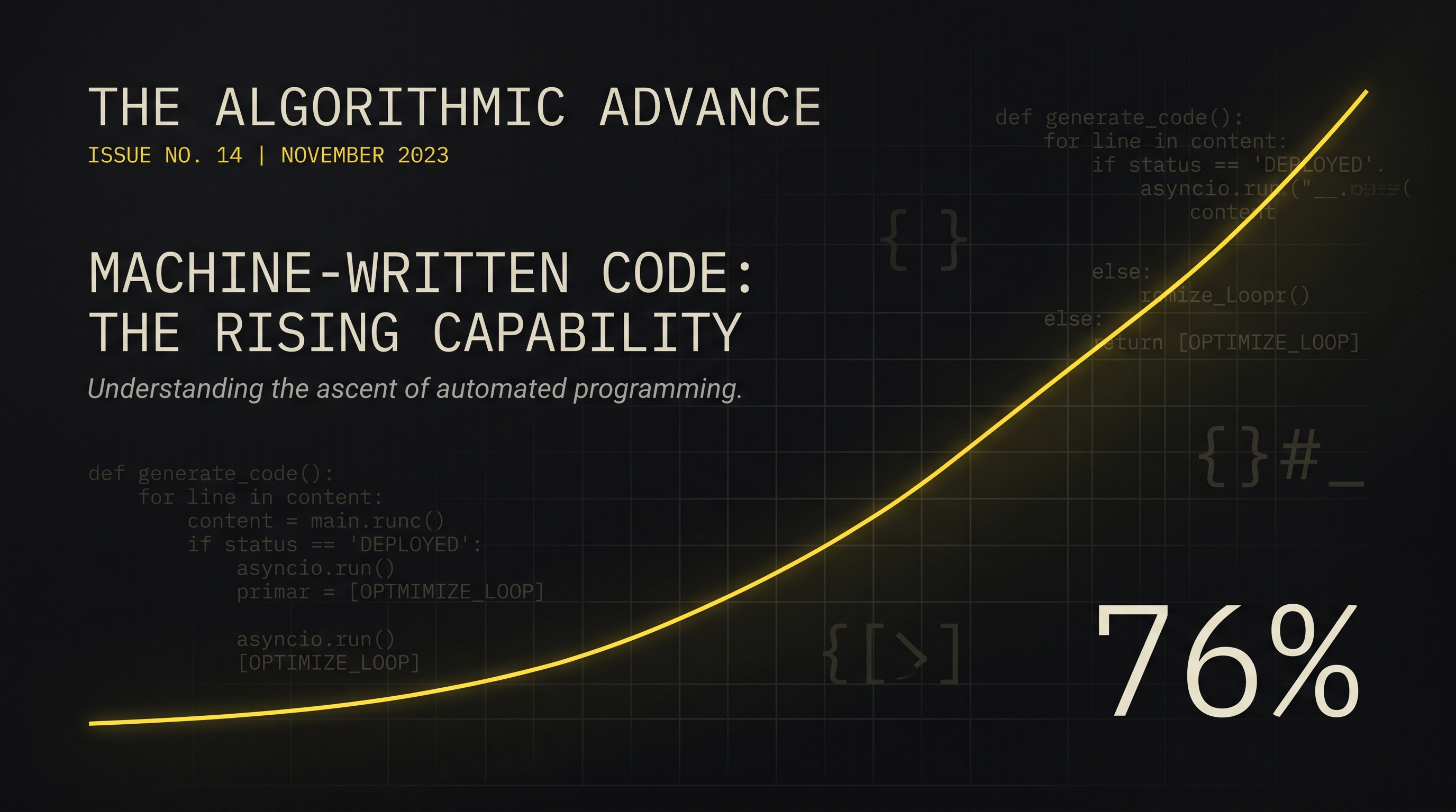 Dark editorial cover: a signal-yellow ascending curve over a faint grid with the numeral 76% set quietly in the composition.