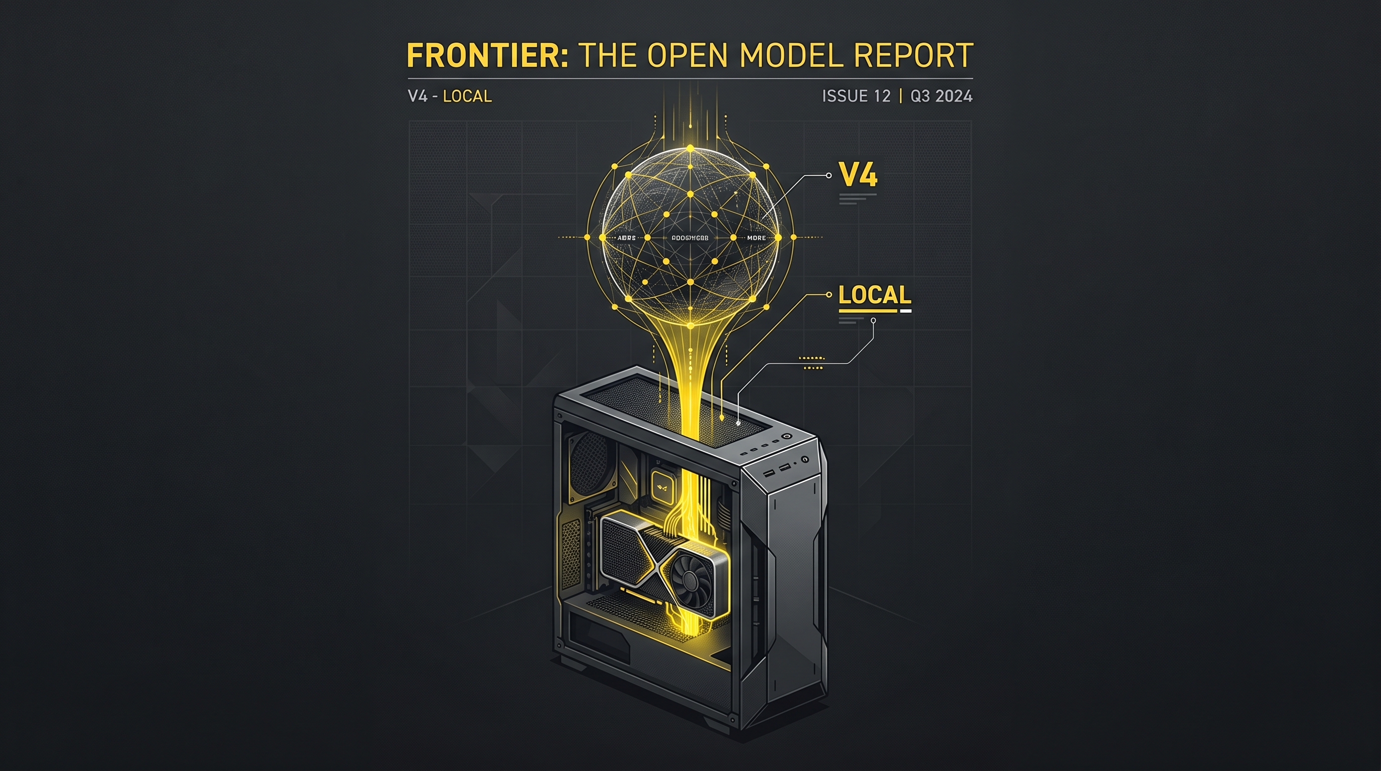 Dark editorial cover showing an open-weights model descending onto a single local machine, with the labels V4 and local.