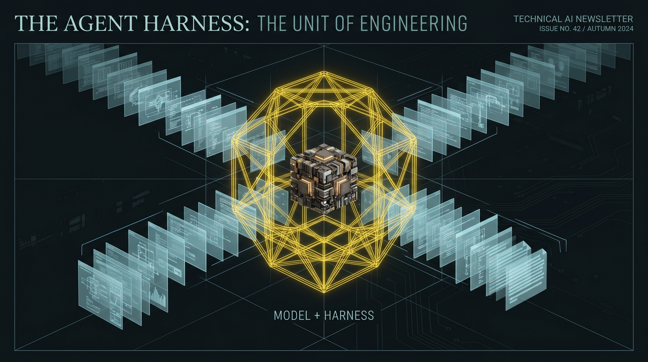 Wireframe harness scaffold holding a small compute core, externalizing state into ordered cards, on a dark editorial background.