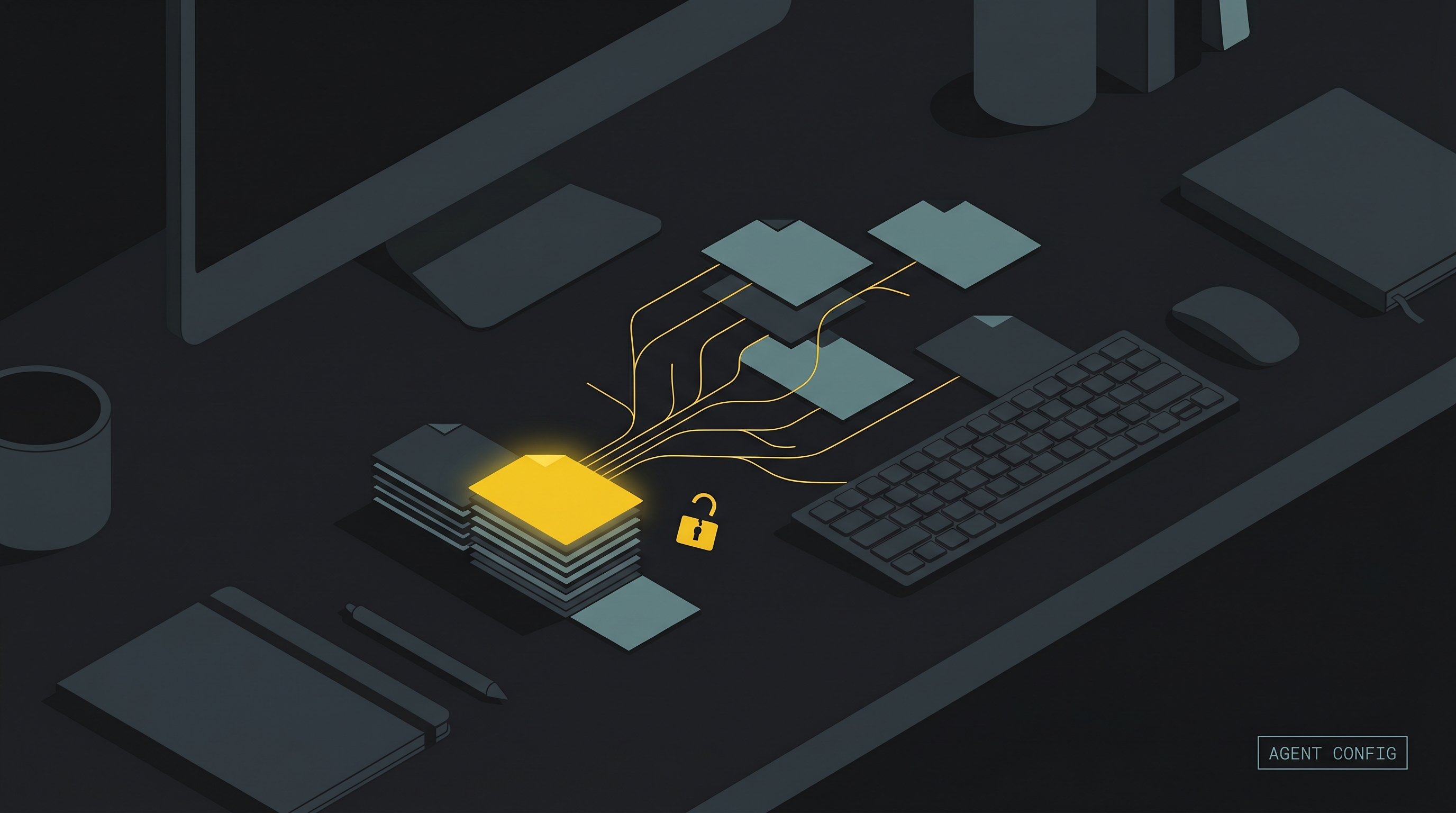 Dark editorial cover: a stack of config-file cards with one glowing yellow card branching lines to the others, a broken lock, on a charcoal surface.