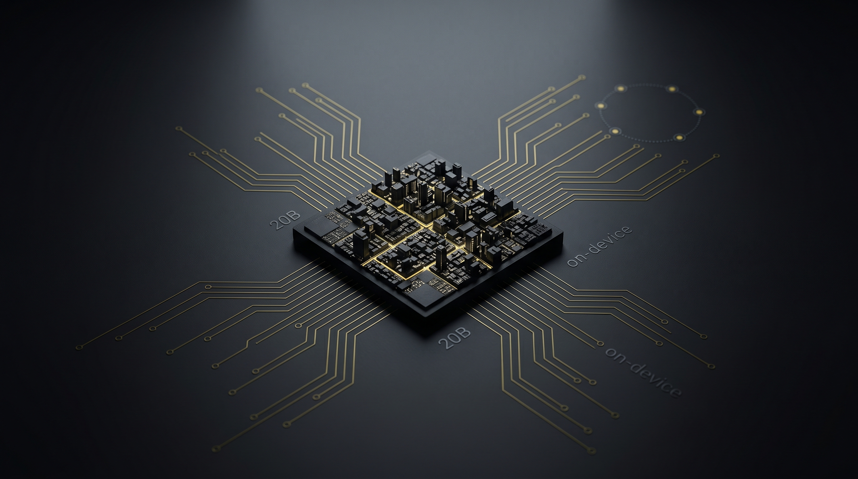 A glowing silicon chip rendered as a city, with faint cloud nodes orbiting at a distance, labeled 20B and on-device