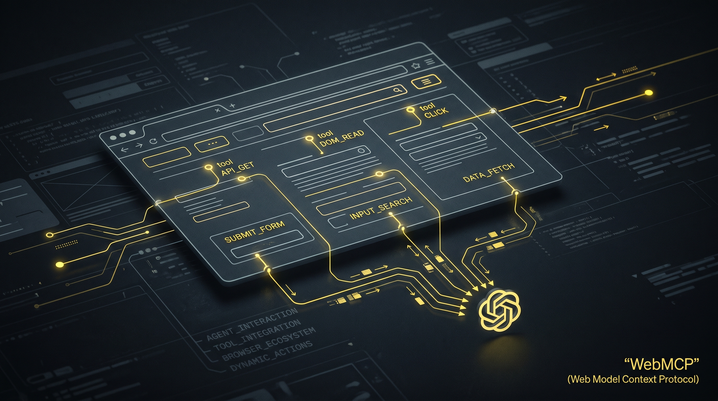 Wireframe browser window with form fields glowing as agent tool sockets, connected to a small agent glyph, labeled WebMCP