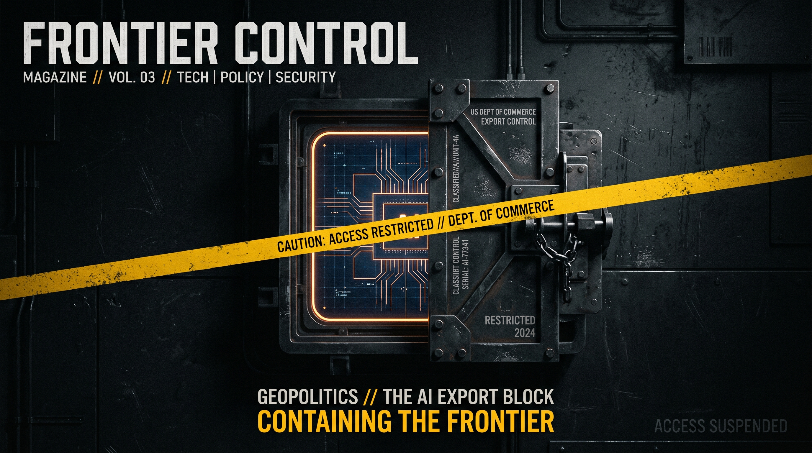 A glowing AI model tile sealed behind an export-control gate, signal-yellow caution line, dark editorial cover.