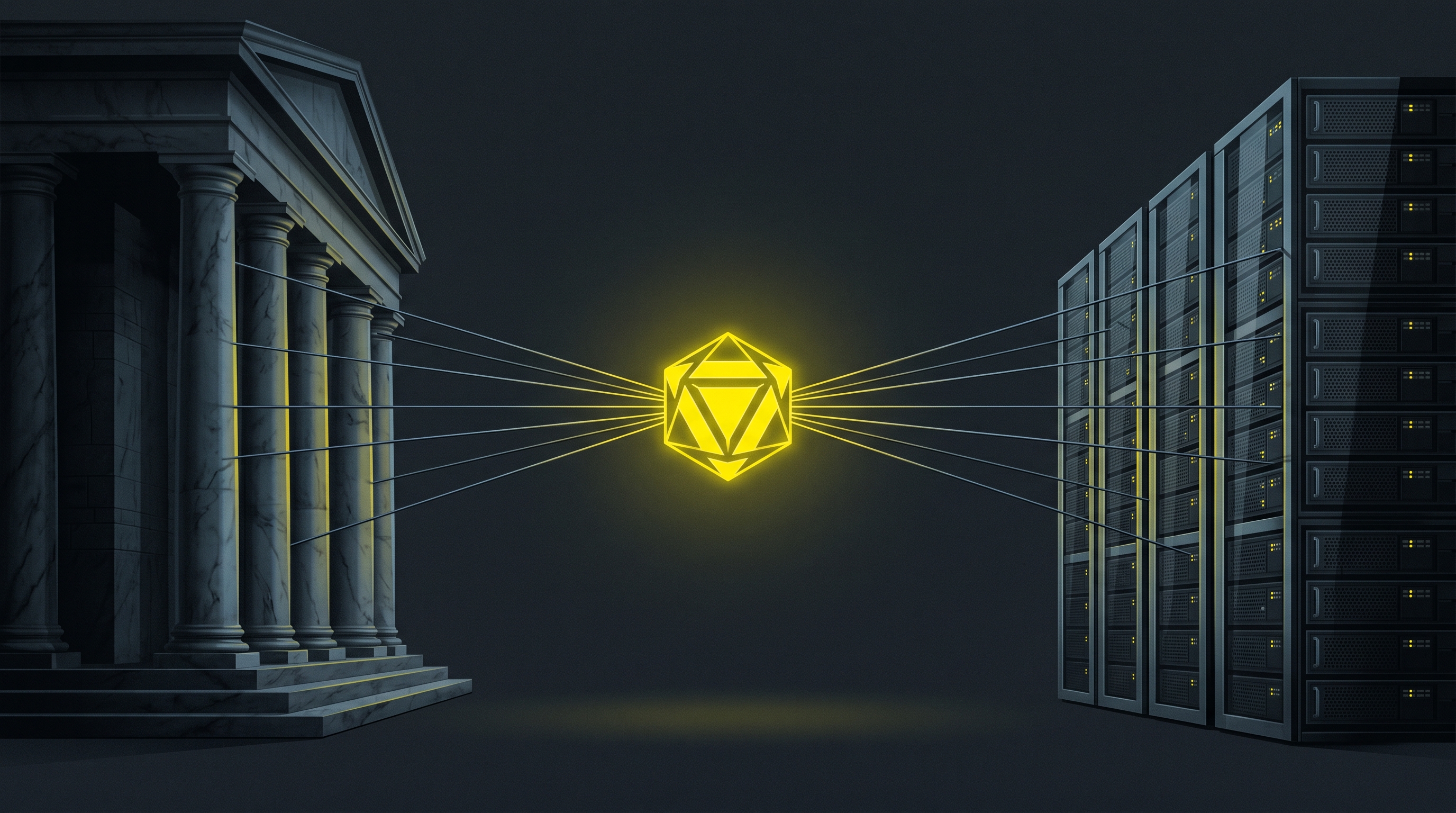 A glowing yellow AI model core suspended by tense cables between a marble government colonnade and a data-center server stack.
