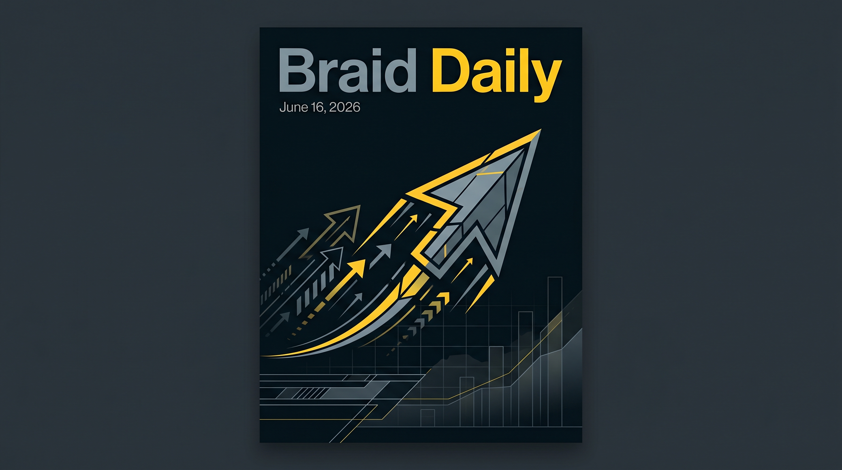 A text cursor lifted by a rising rocket arc over a dark ledger-grid field, in signal yellow and steel grey.