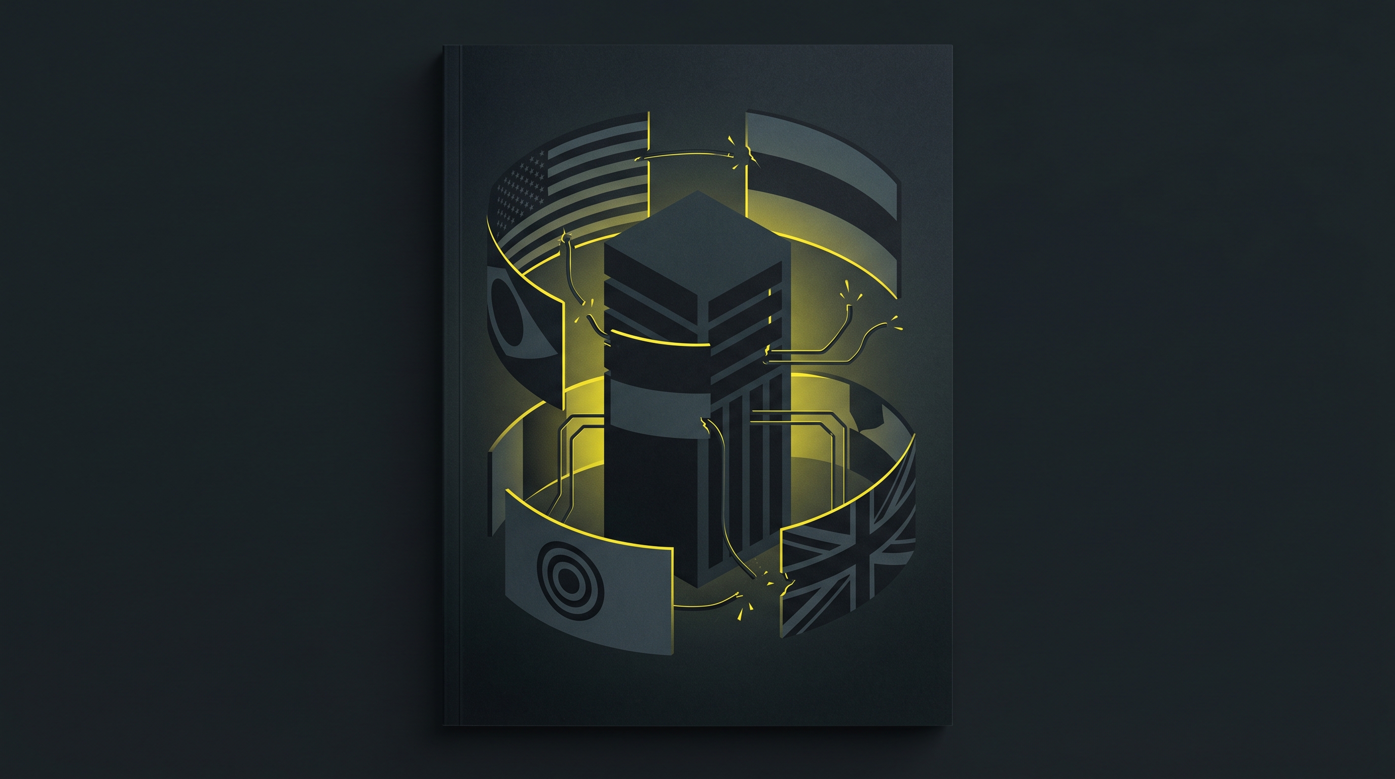 Dark editorial cover: minimal sovereign seals and banners ringing a central data-center silhouette, thin connective lines being severed, lit by a single signal-yellow accent.