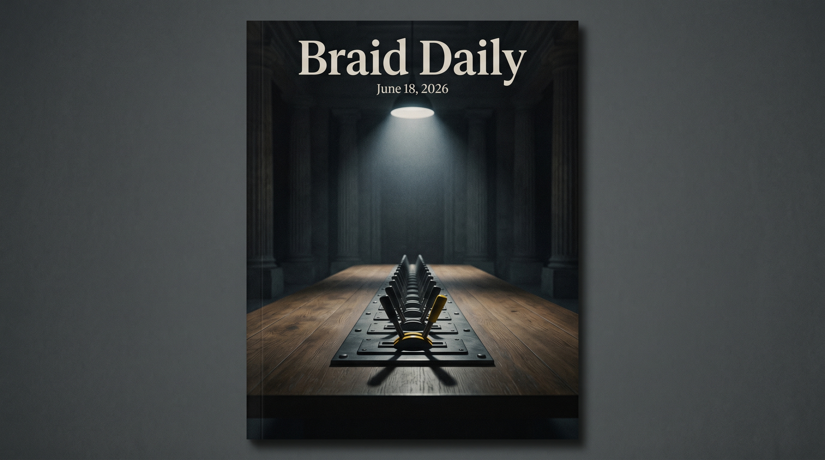 Dark editorial illustration of a government table with a row of levers, one lit in signal yellow, evoking case-by-case AI policy control.