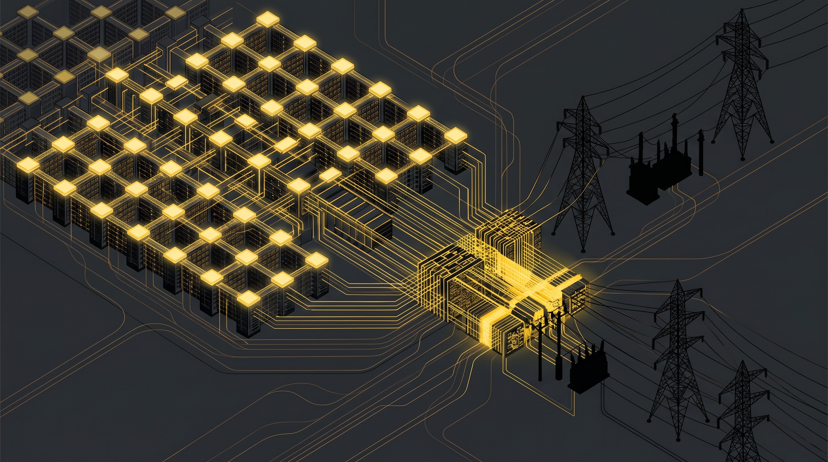 GPU racks feeding into transmission lines at a single congested interconnection point