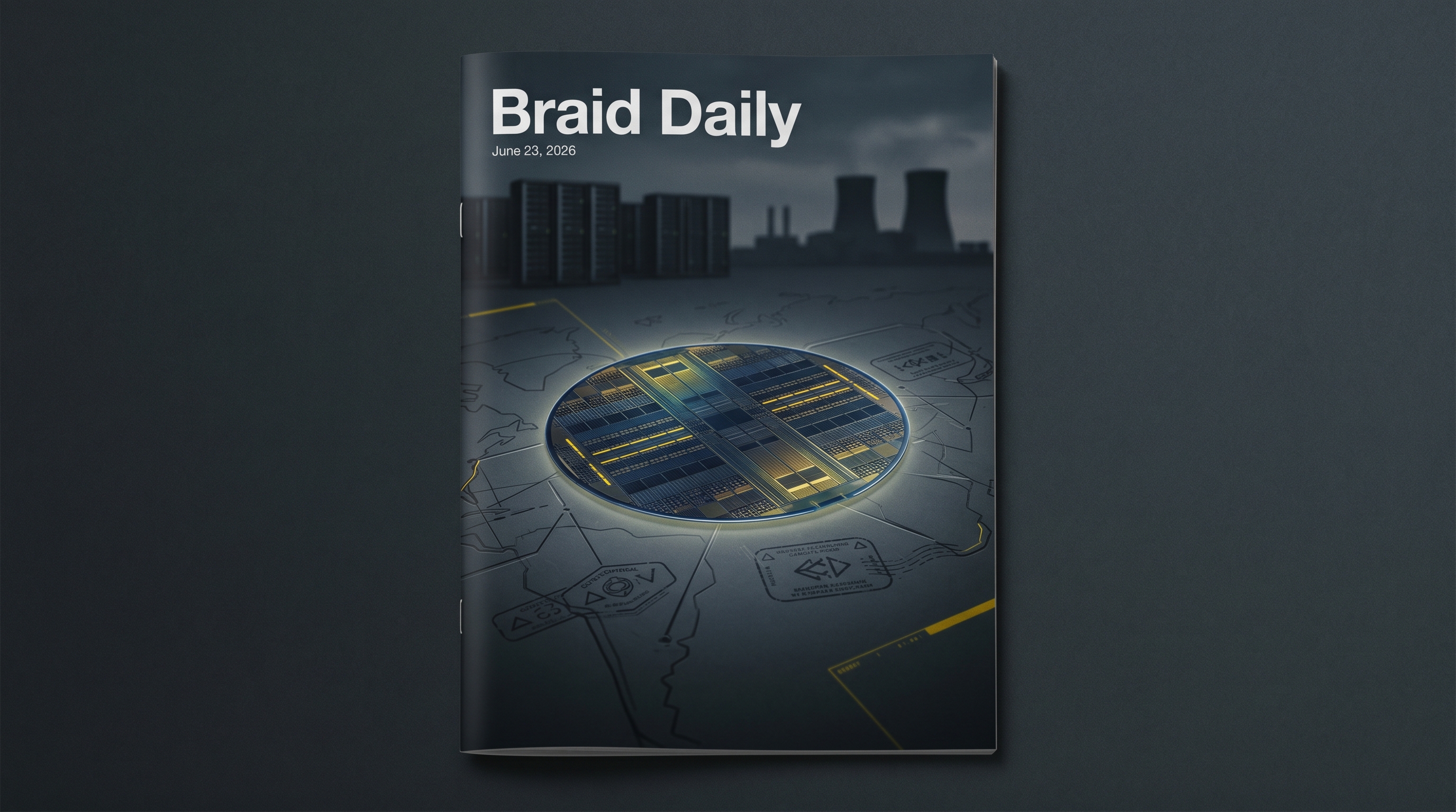 A dark editorial cover showing a luminous silicon wafer connected to supply routes and compute infrastructure.