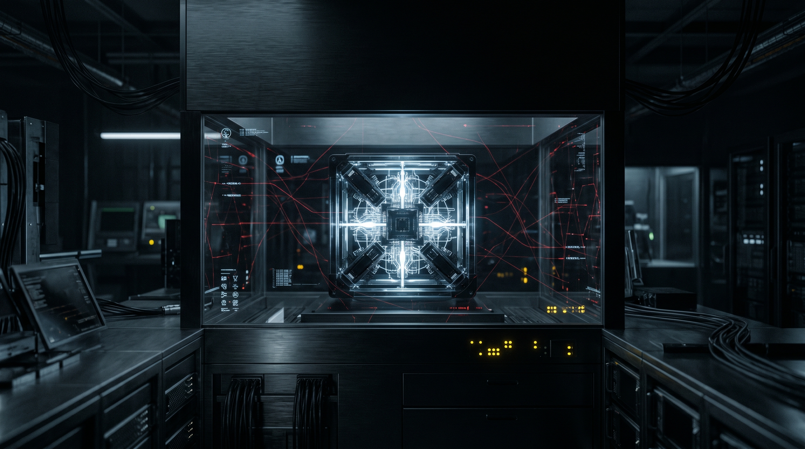 Textless editorial cover showing frontier model access as secured national-security infrastructure.