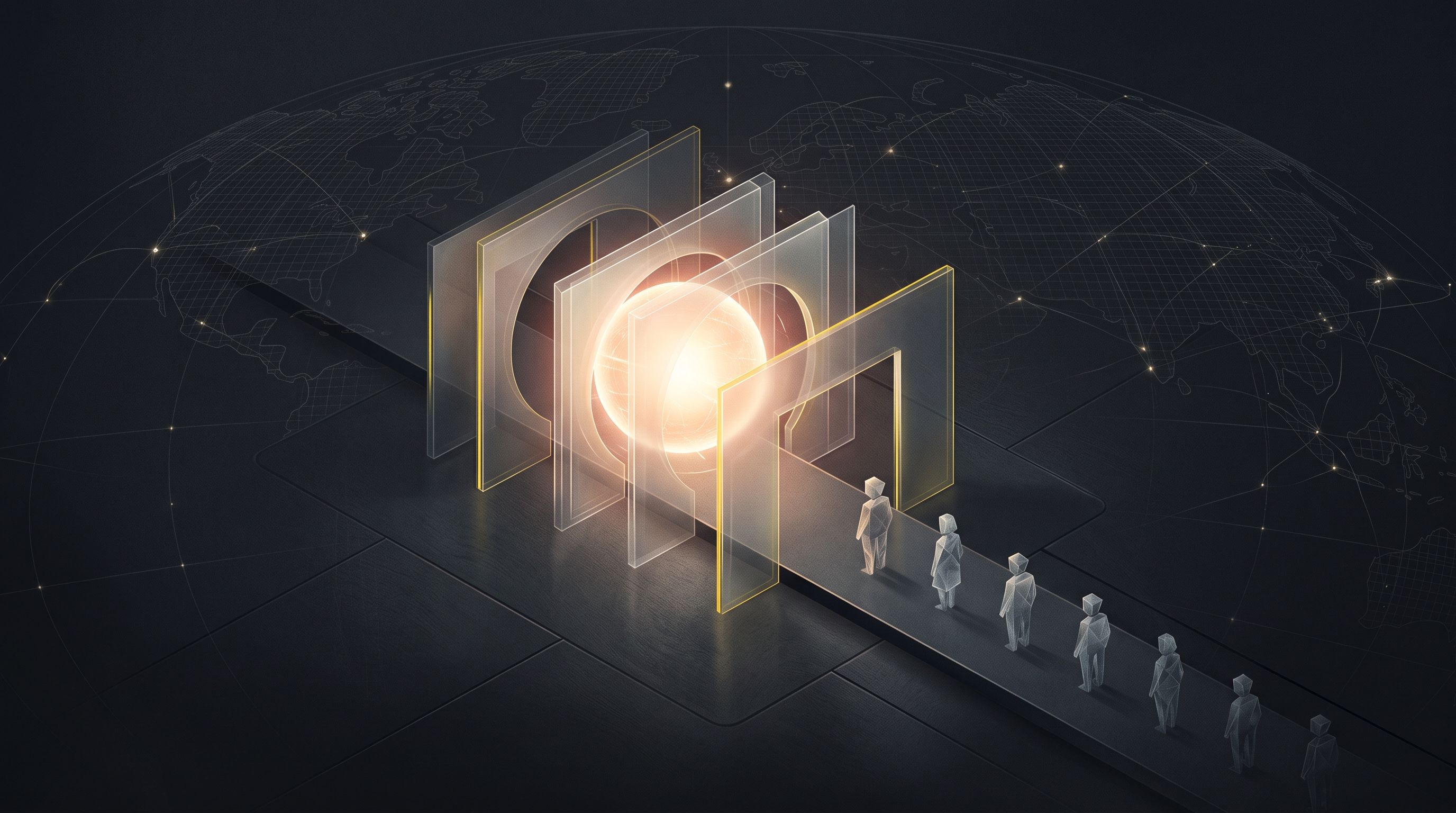A restrained editorial image of a luminous model core behind translucent approval gates, with customer nodes waiting in sequence.