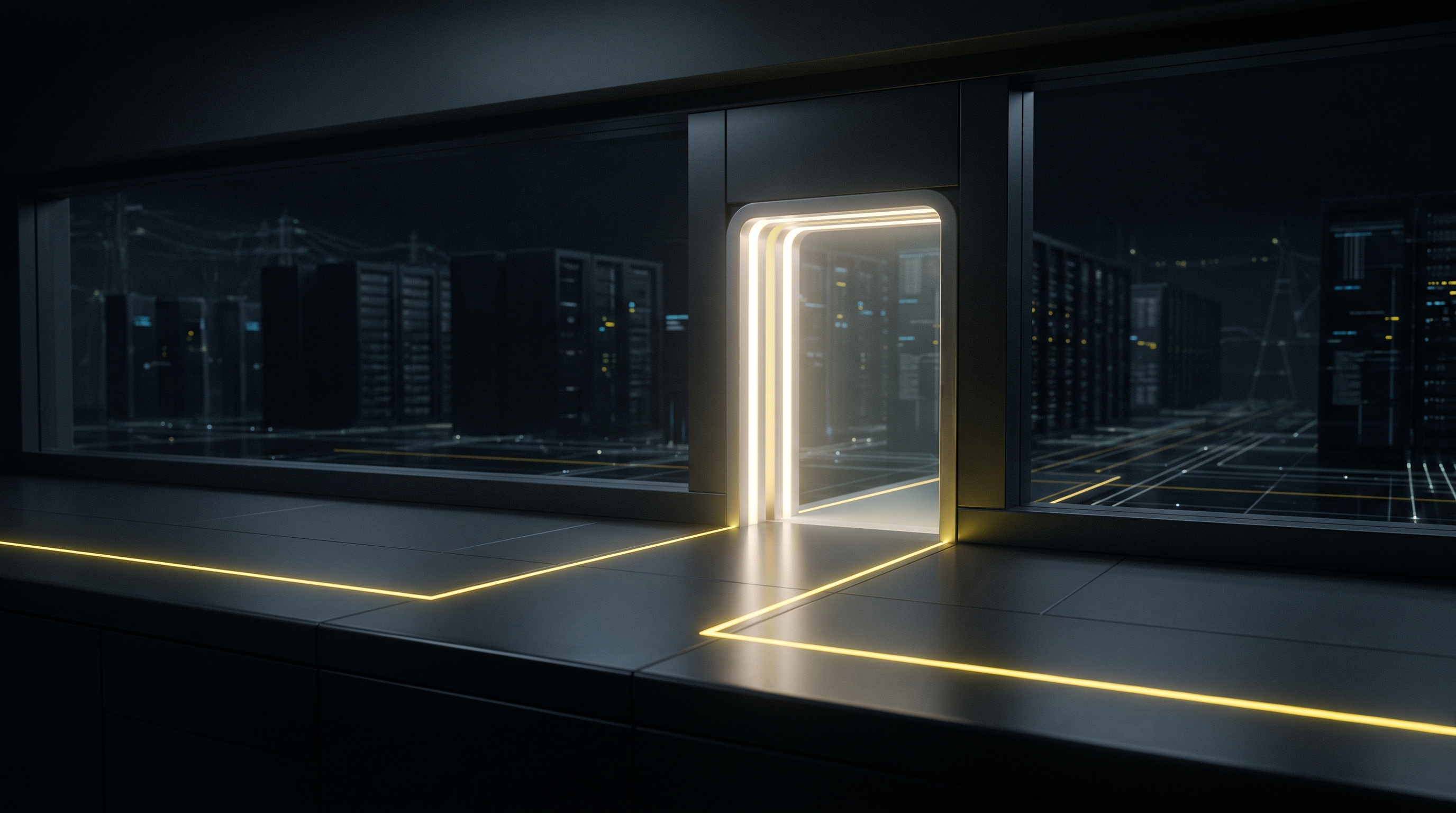 A dark editorial cover with a partially open access gate, server silhouettes, and signal-yellow perimeter lines.