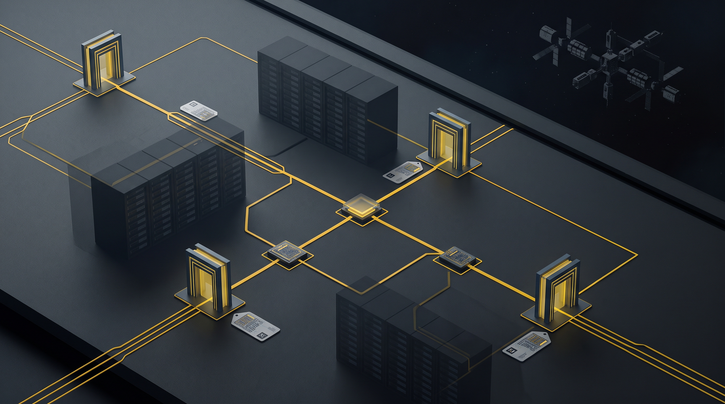 Restrained editorial cover showing model-access gates, compute racks, and market routing lines in a dark technical composition.