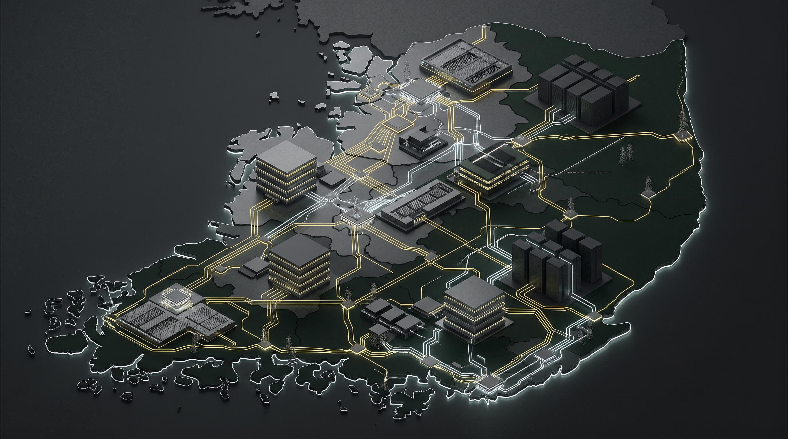 Editorial cover image showing South Korea AI chip infrastructure as a restrained, technical city-scale buildout.