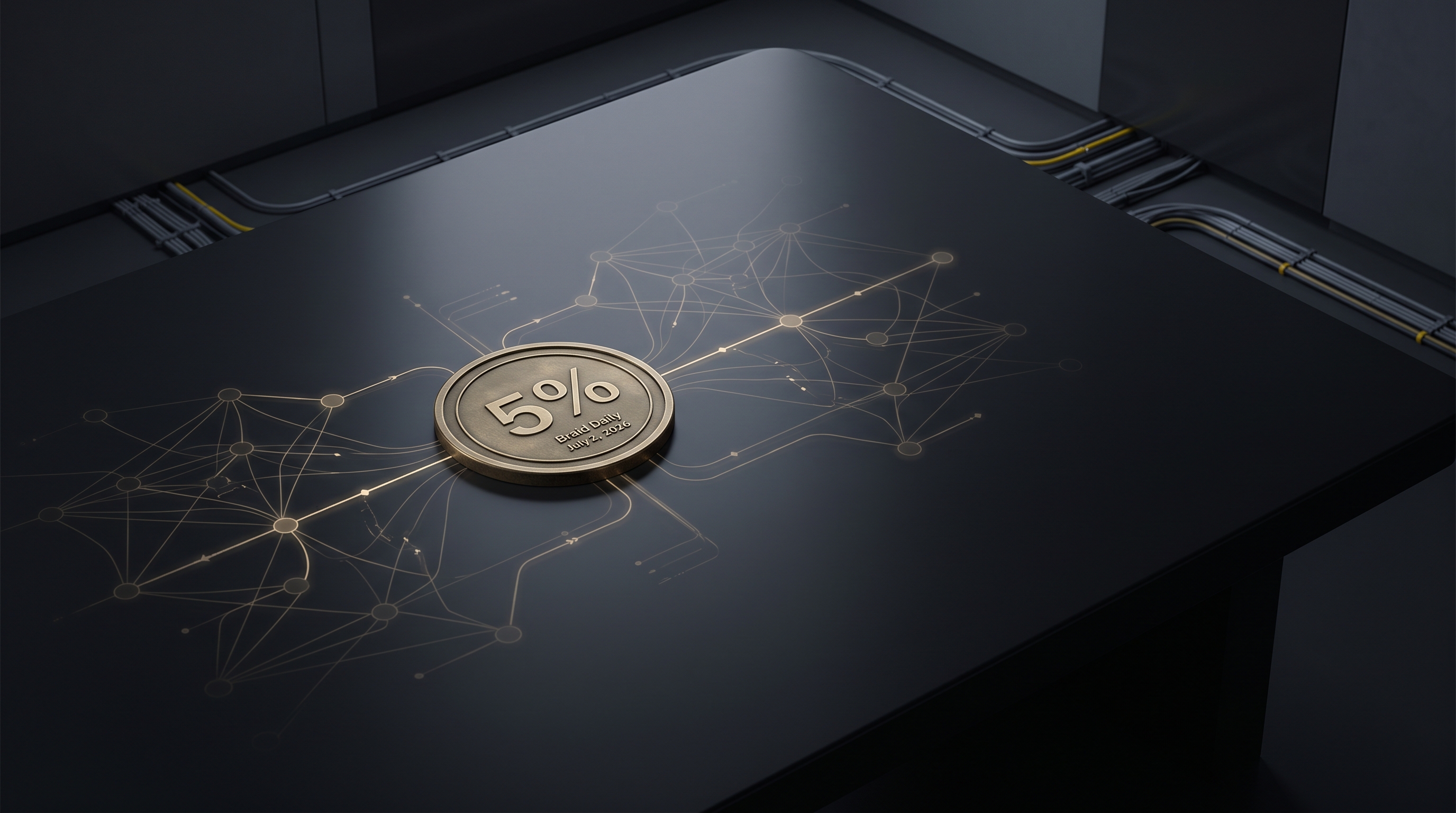 A dark editorial image of an AI governance table with a small five-percent marker and projected network lines.