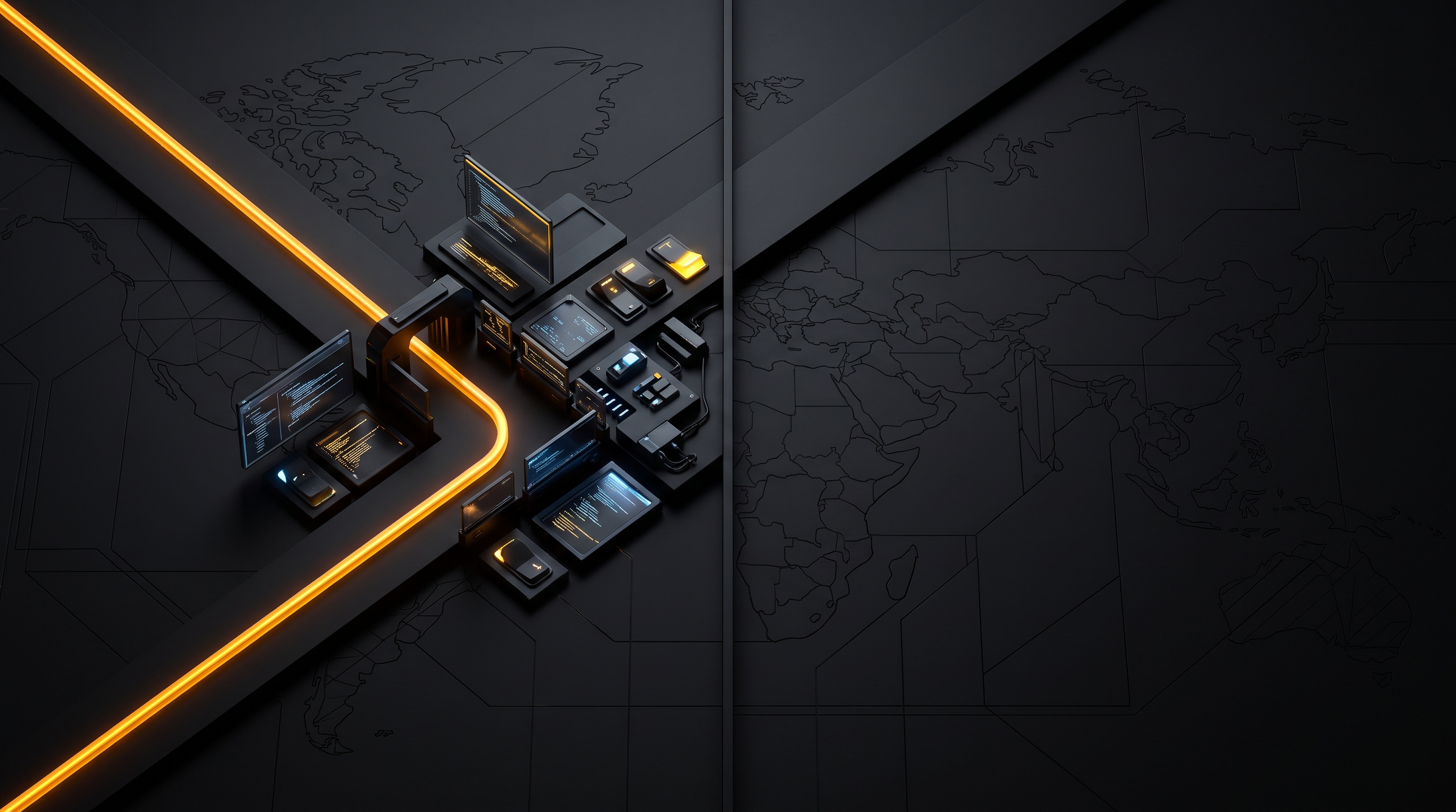 Dark editorial cover showing a split model-access control room with amber signal lines crossing a geopolitical boundary.