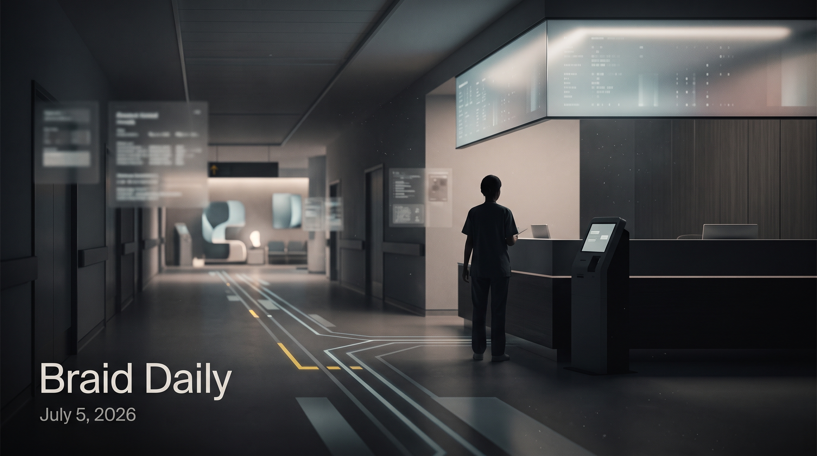 Dark editorial artwork showing AI-assisted healthcare routing and clinical records.