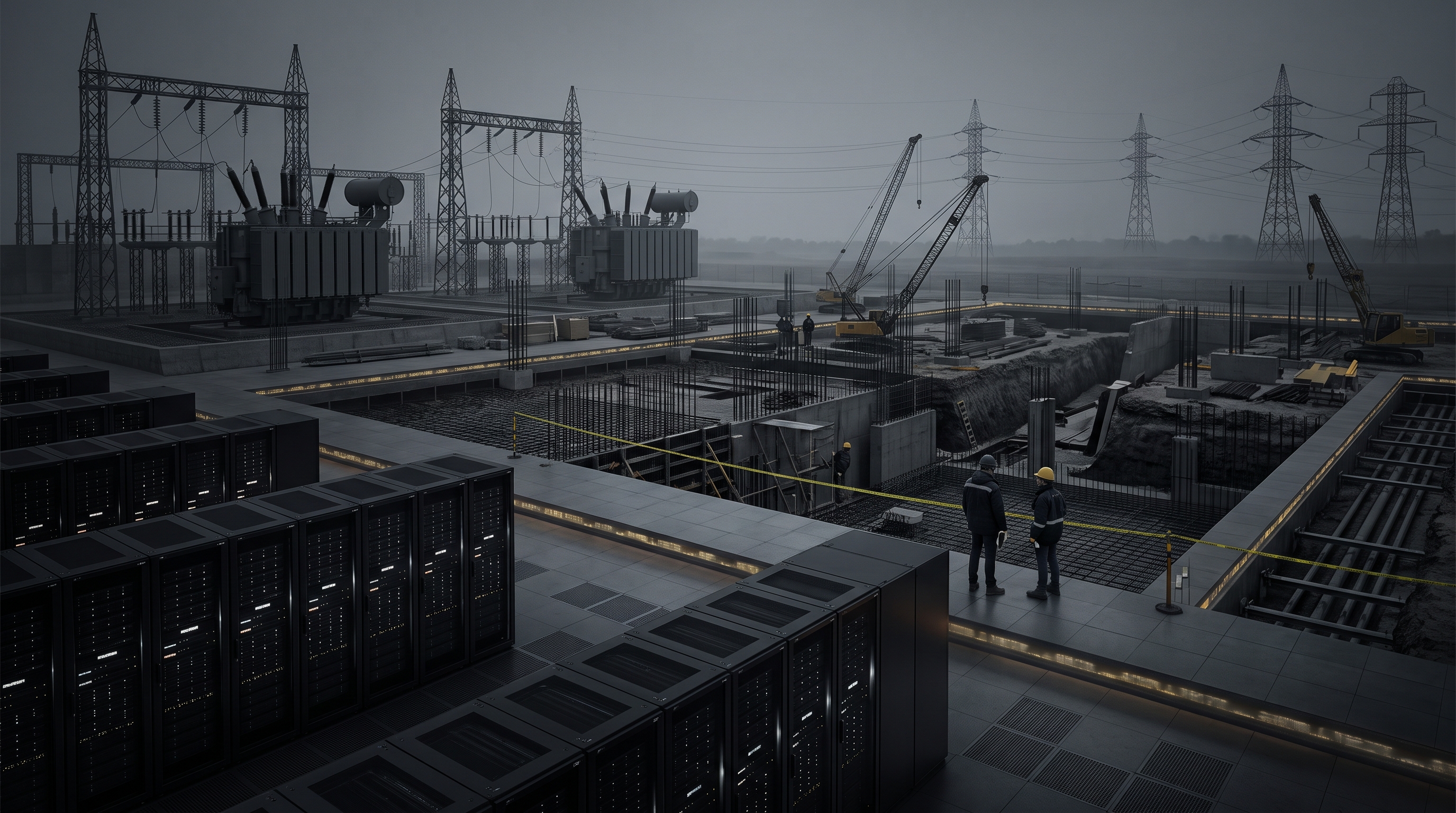 A restrained editorial image of AI infrastructure pressure across data centers, construction, power, and markets.