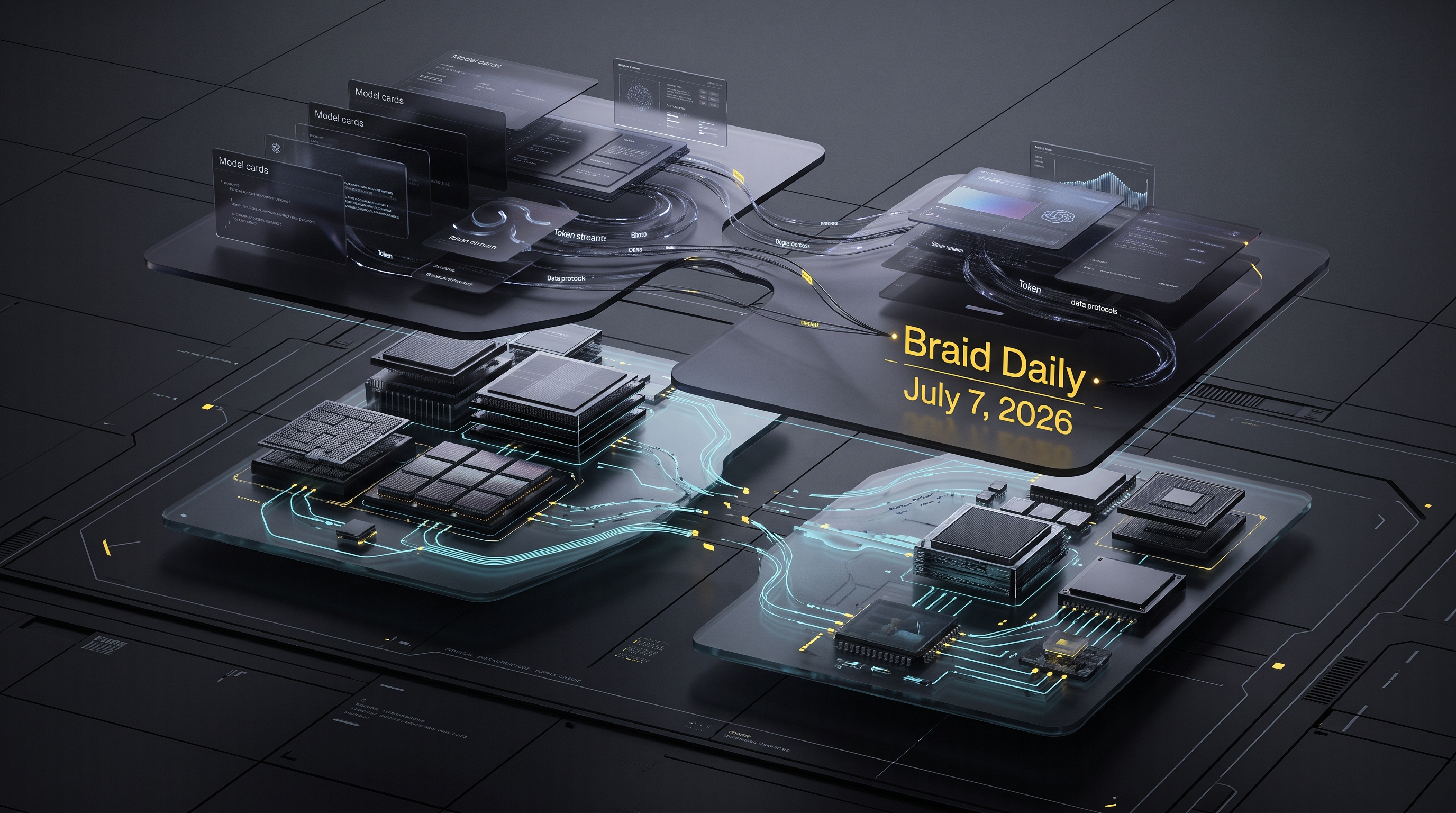 An editorial cover image showing AI model access and chip supply splitting across a dark technical map.