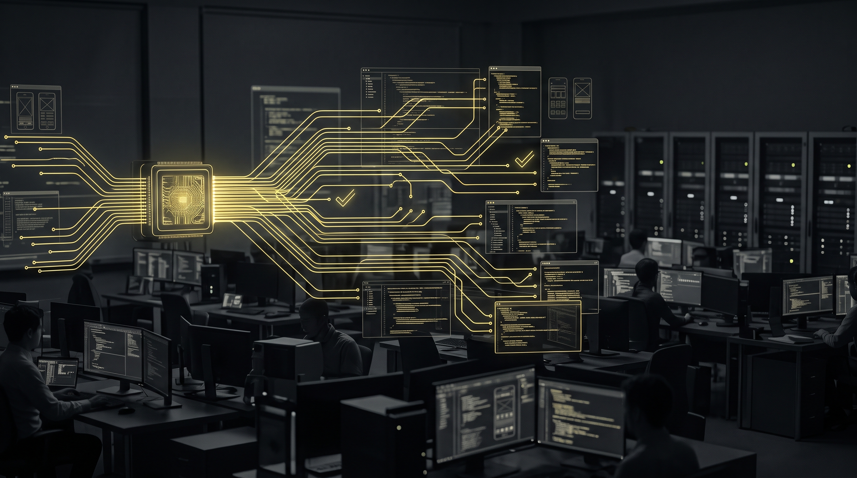 Dark editorial cover image showing coding-agent systems, model evaluation traces, and compute hardware as one restrained technical scene.