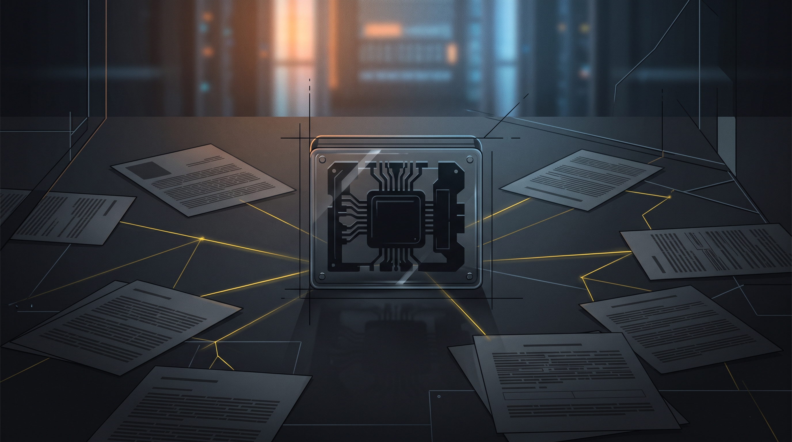 Dark editorial cover art showing a legal complaint, a hardware prototype silhouette, and signal-yellow evidence lines around an AI lab workbench.