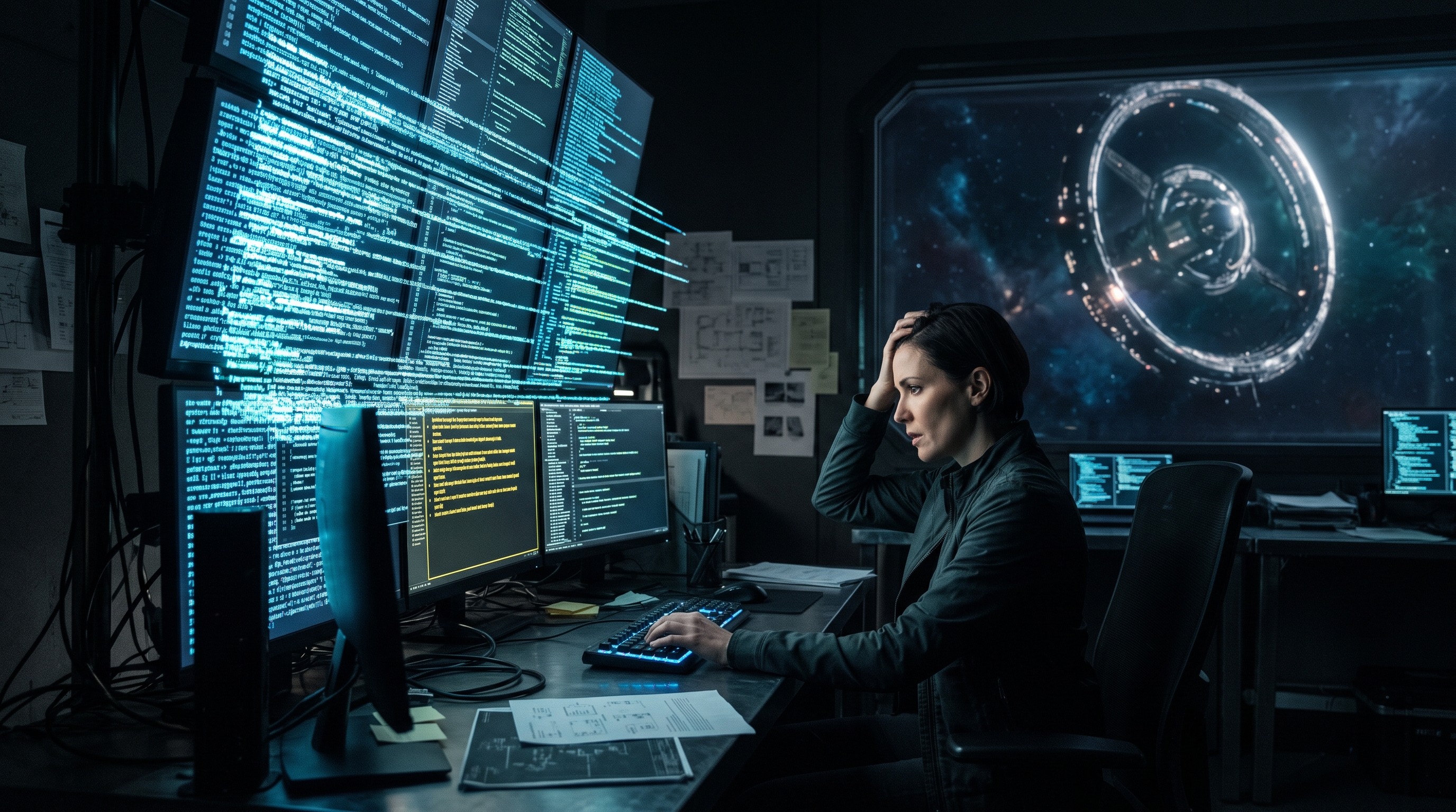 A maintainer reviews a stream of AI-generated code artifacts in a dark technical workspace.