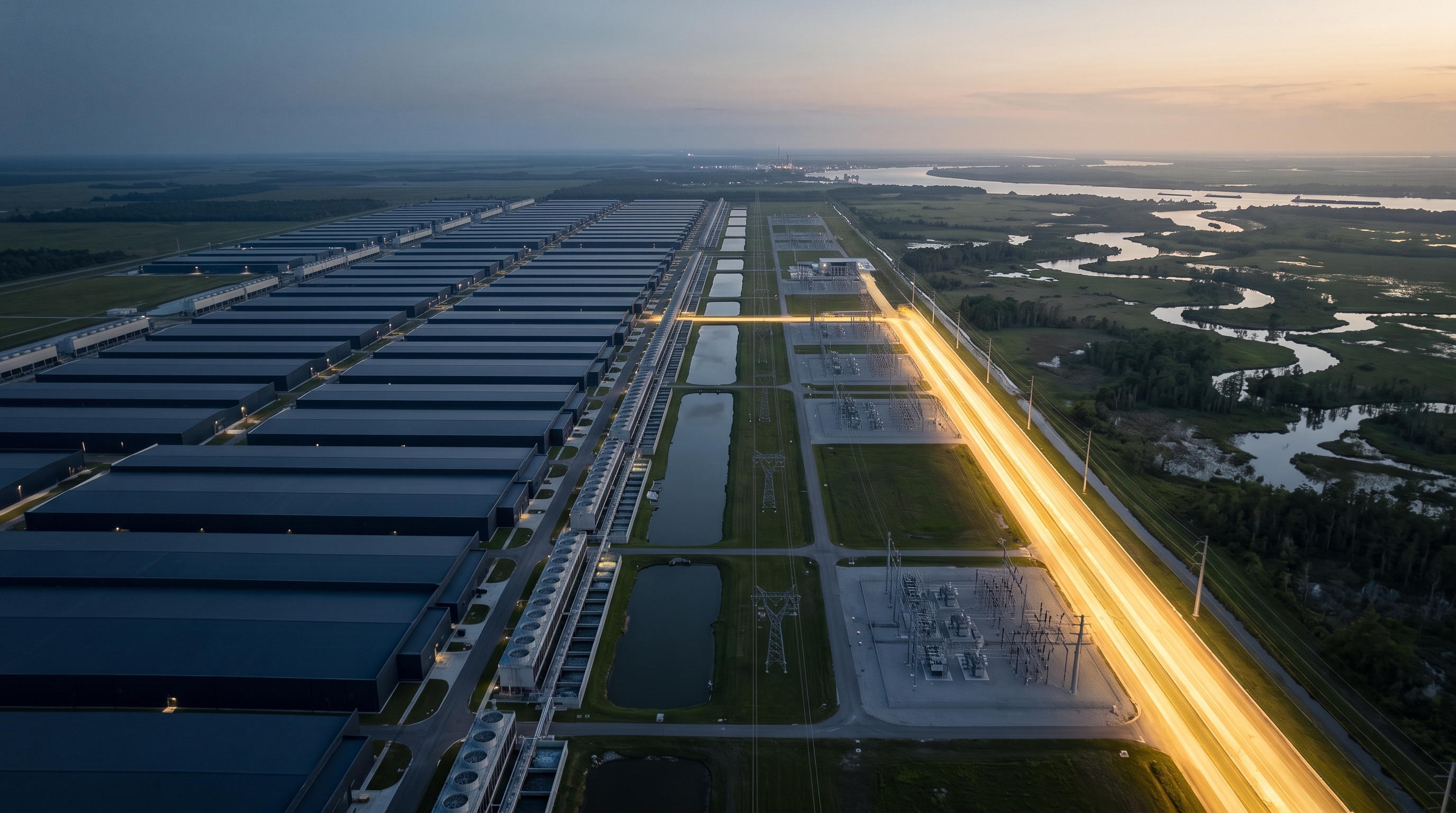 A vast AI data-center campus at dusk, crossed by power lines and a luminous energy corridor.