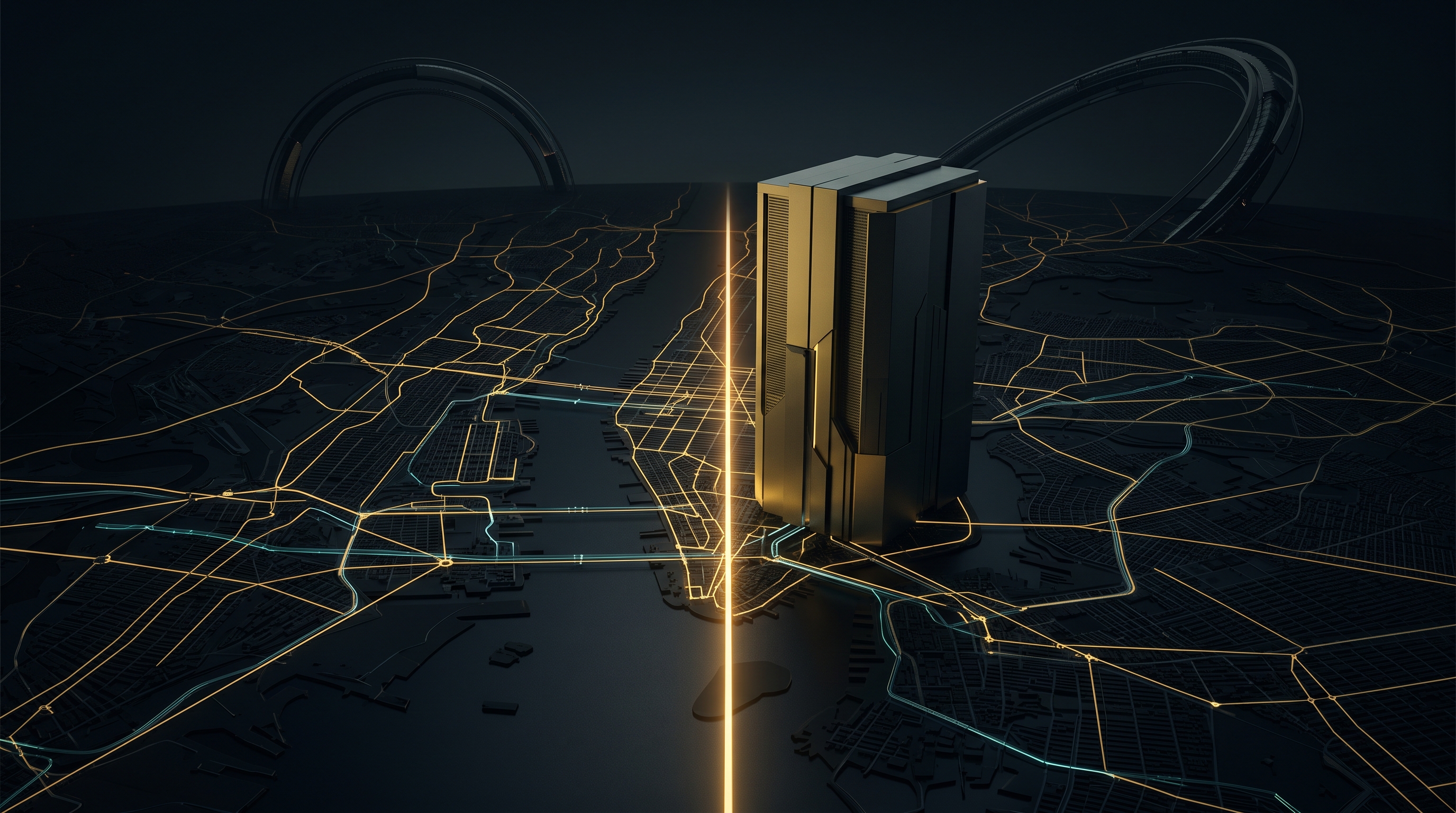 An abstract New York power grid holds a vast server structure at a yellow-lit threshold.