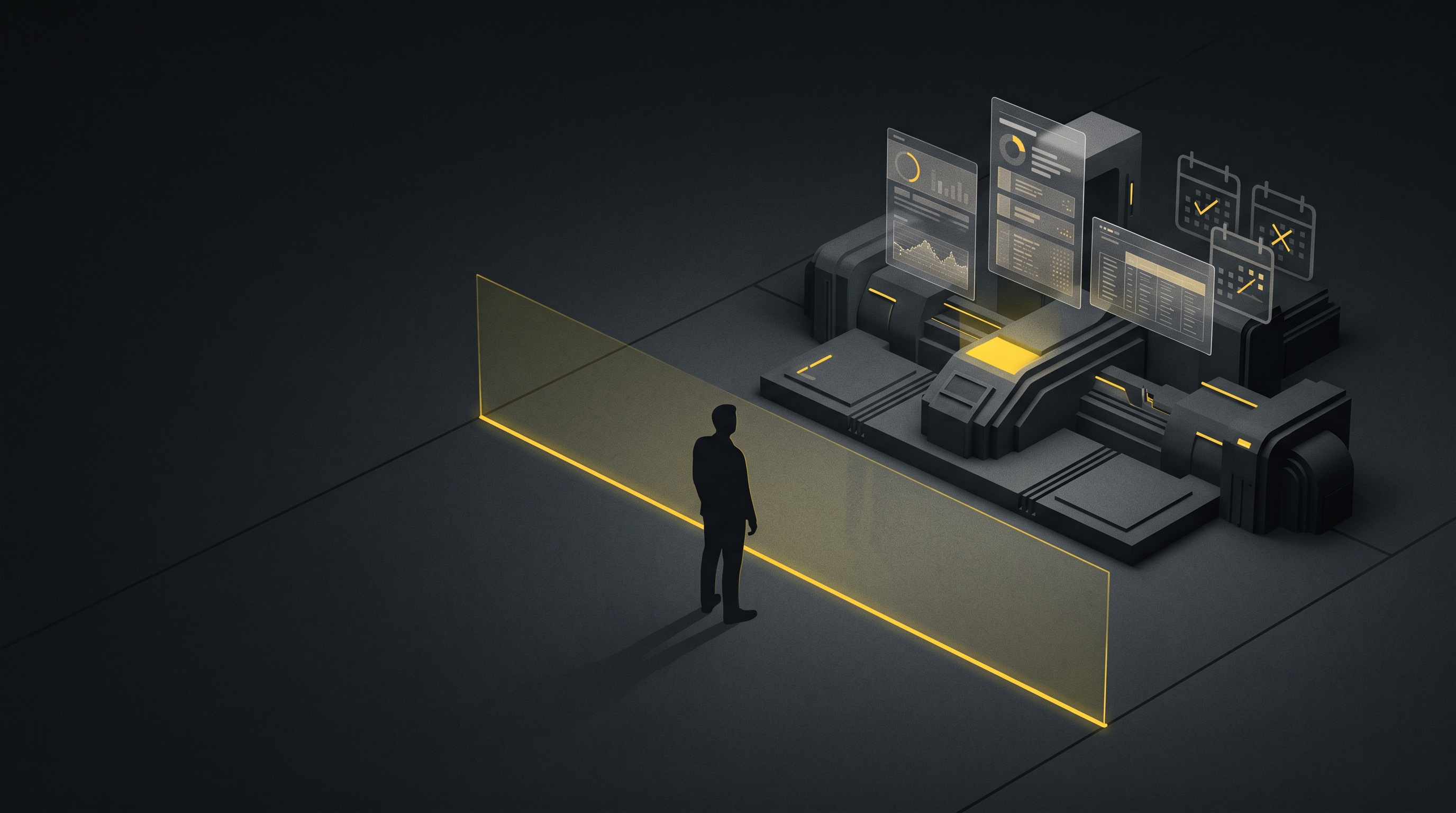 Abstract employee score cards and a human silhouette divided by a yellow review boundary.